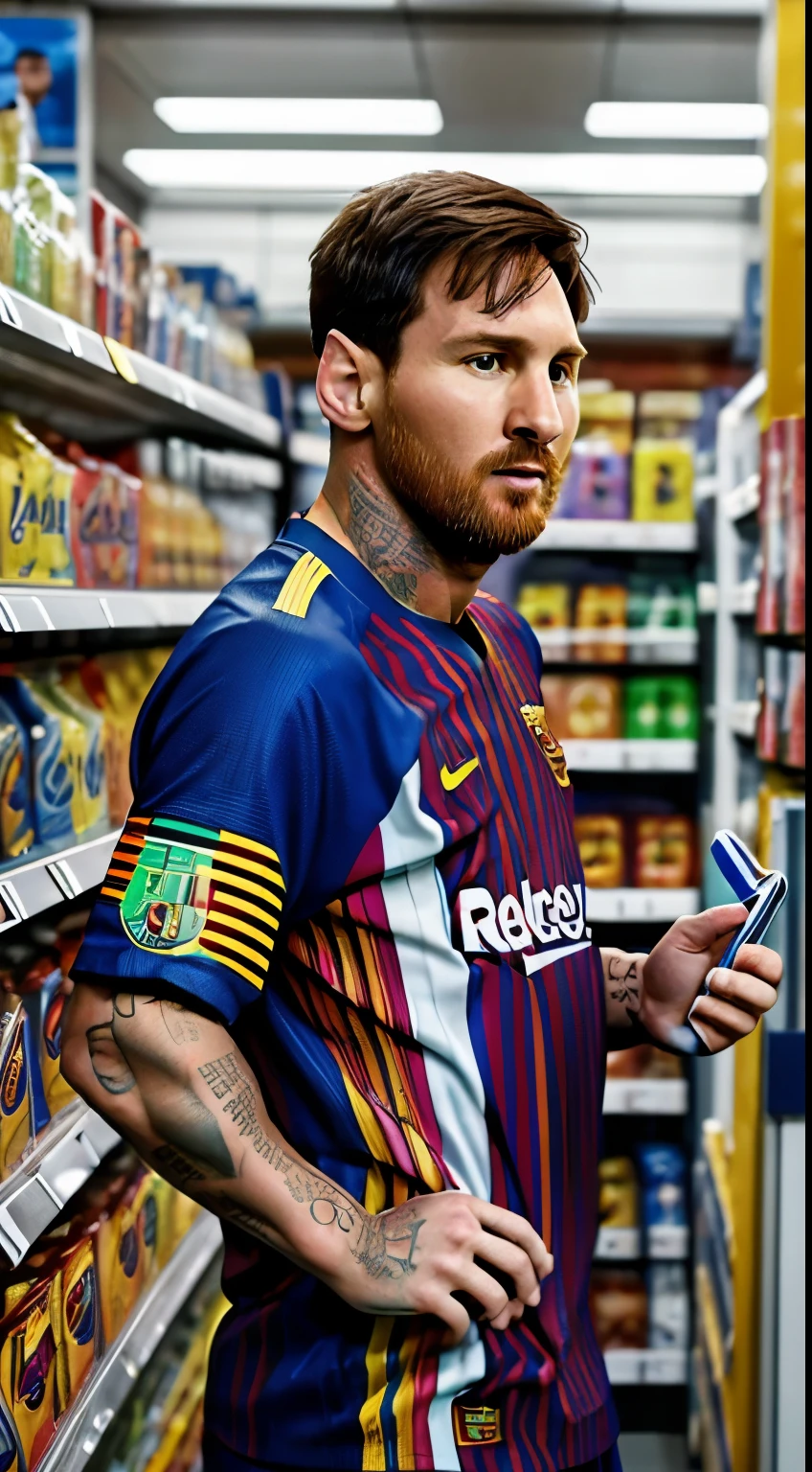 ((Best quality)), ((masterpiece)), (detailed), ((perfec face)), ((Lionel Messi)), 1 man, Shopping at Convenience stores, Realistic, real life