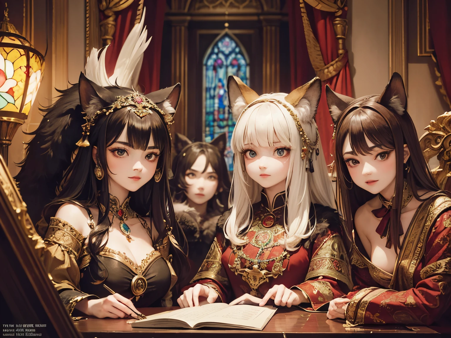 (best quality,4k,8k,highres,masterpiece:1.2),ultra-detailed,(realistic,photorealistic,photo-realistic:1.37),council of furries,anthro,furry ears,round table,gothic,epic,opulence,portraits,vivid colors,warm color palette,soft lighting,dramatic shadows,elaborate costumes,attention to textures,ornate carvings,ceremonial atmosphere,rich tapestries,enchanting atmosphere,attention to facial expressions,detailed background,mythical creatures,meeting of majestic anthropomorphic characters,dimly lit room with stained glass windows,antique wooden furniture,thick velvet curtains,artistic rendering of anthropomorphic animals,imposing architecture,proud and regal poses,friendly and inviting atmosphere,subtle magical elements,intense gaze,alluring aesthetic,expressive eyes,fine fur texture,symbolic ornaments,beautifully adorned jewelry