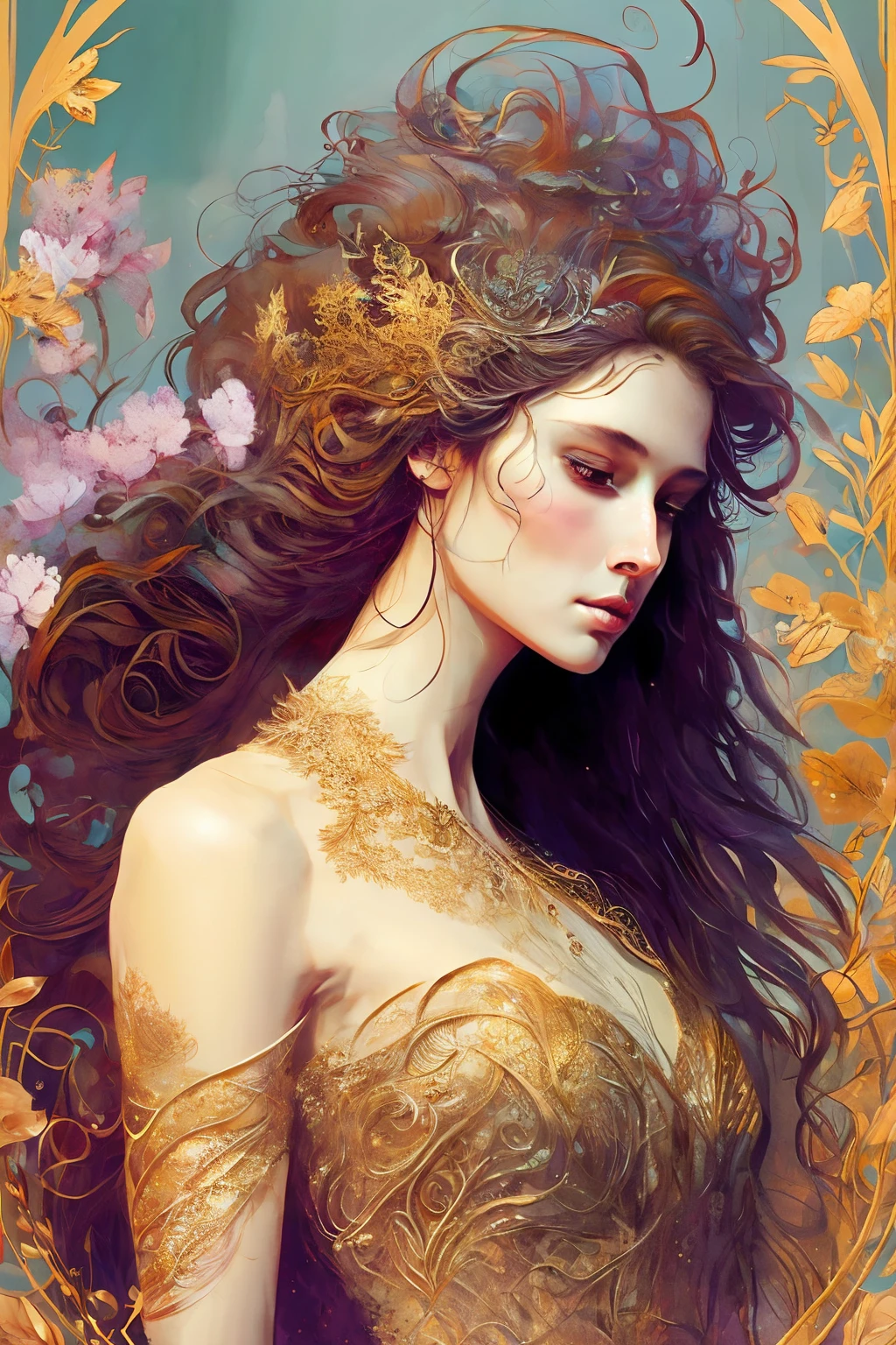 Tree woman with a trunk with a female silhouette. perfect female body with green leaves. digital illustation, perfect face, glowing skin, 8K Concept Art Portrait, dynamic, Detailed lighting, Complex fractal background, Alcohol ink drawing. Black background with paint stains, by Hirohiko Araki, formal art, unity 8k wallpaper, 巨作, Best Quality, (Zenreddar, mandala, Tangle, Tangle), 1 Beautiful girl of platinum, Caucasian black and gold, dynamic angle, most beautiful form of chaos, stylish, bright colors, romance, by James Jane, Takato Yamamoto, Ashley Wood, Trance of musical notes, Transfer visual musical notes, WTRCOLOR pattern, The wind blows on him, 巨作, ((watercolor )), paint splashes, complex details. [drip: 0.7], trending on Artstation, Rachel Walker, Drawing style 1900, Beautiful woman completely covered with floating paint in a pond, beautiful lighting, Beautiful, large, detailed eyes, Nirvana, relaxed, Paint drops, Spirals from paint, Paint spraying, (Beautiful swirls of paint swirls), by sandra chevrier, Contrasting vivid colors, chromatic aberration, black background, Best Quality, (Realistic: 1.2), (high contrast: 1.2), Black and golden hair, Silver and bronze decoration, Jungle Goddess, Beautiful Caucasian girl close-up, Beautiful goddess fused with forests and trees, Black hair blended with platinum and gold,  Girl wet skin with water, Beautiful visible pubic area, Pink scales, Small Exposed, Garden pond, Mandala and flower tattoo on the naked body, Floating antique clock, lamp, Lantern, Garden pond, Beautiful visible pubic area, pink , Medium breasts in width, Full body, Van Sakimshan, Oriental Mandala Tattoo, Fractal background, silver, Golden and Bronze Spirit, Floating old clock, Old light., faint smile, View from below, Towering goddess,  The female body fuses into forest vines and leaves