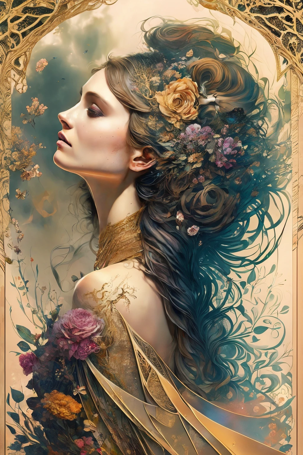 A perfect female figure stands before you, her shapeless long hair cascading down in intricate waves, revealing her perfect features that embody the essence of ethereal beauty. She is adorned in a Rococo style evening dress, the fabric delicately detailed, shimmering under the light in an abstract background that speaks of stand-alone beauty and near perfection. The golden ratio gracefully accentuates her purity of form, with minimalist elements adding to the abundance of intricate detail. The unfinished concept art of Carne Griffiths, Wadim Kashin, Brian Froud, and John William Waterhouse encapsulates the vision of sharp focus and high resolution that brings the scene to