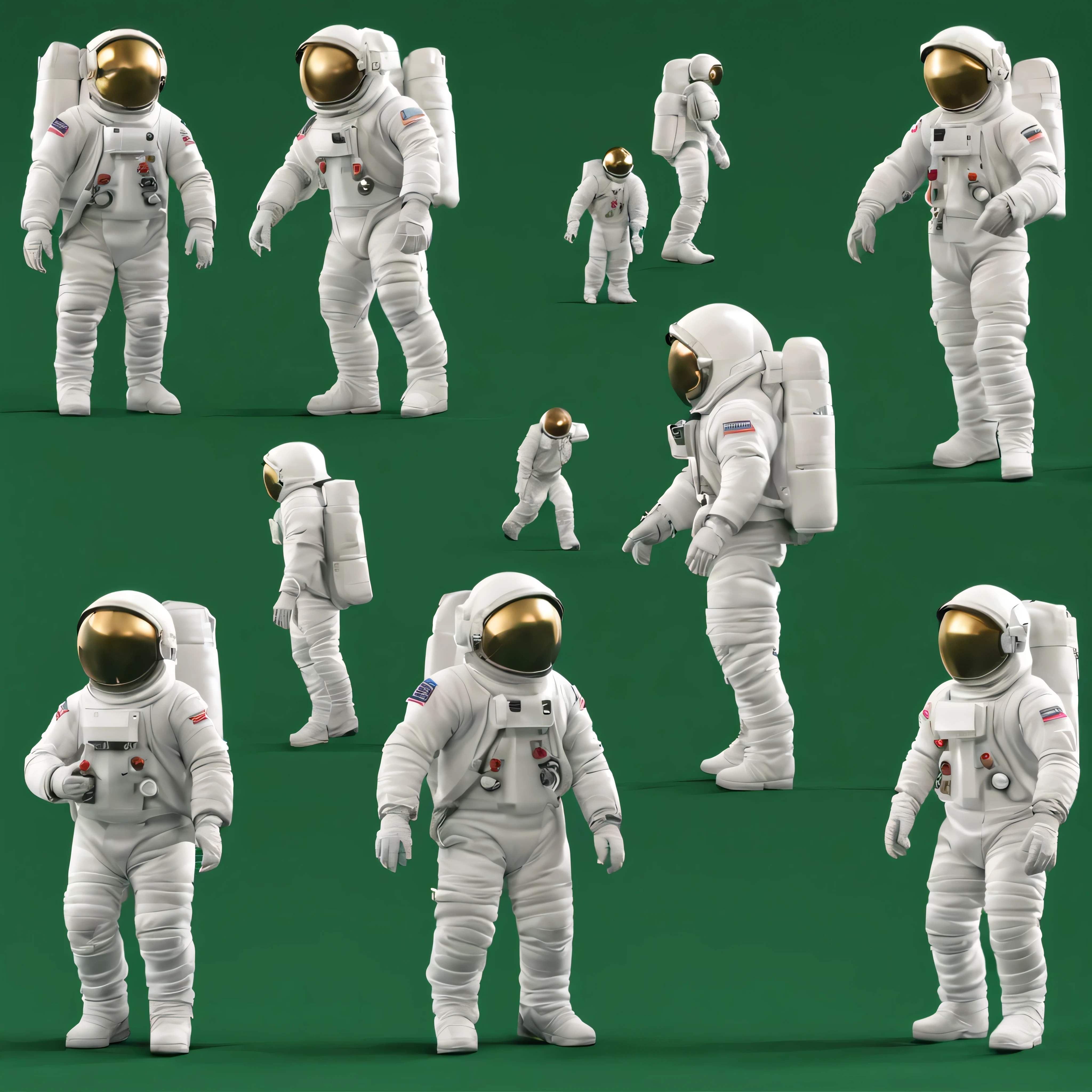 crie um personagem masculino de um astronauta com traje espacial branco sobre fundo verde para cgi, Imagens de 8k, imagens digitais detalhadas, adicione capacete e o astronauta deve estar em poses diferentes caminhando para desenhar