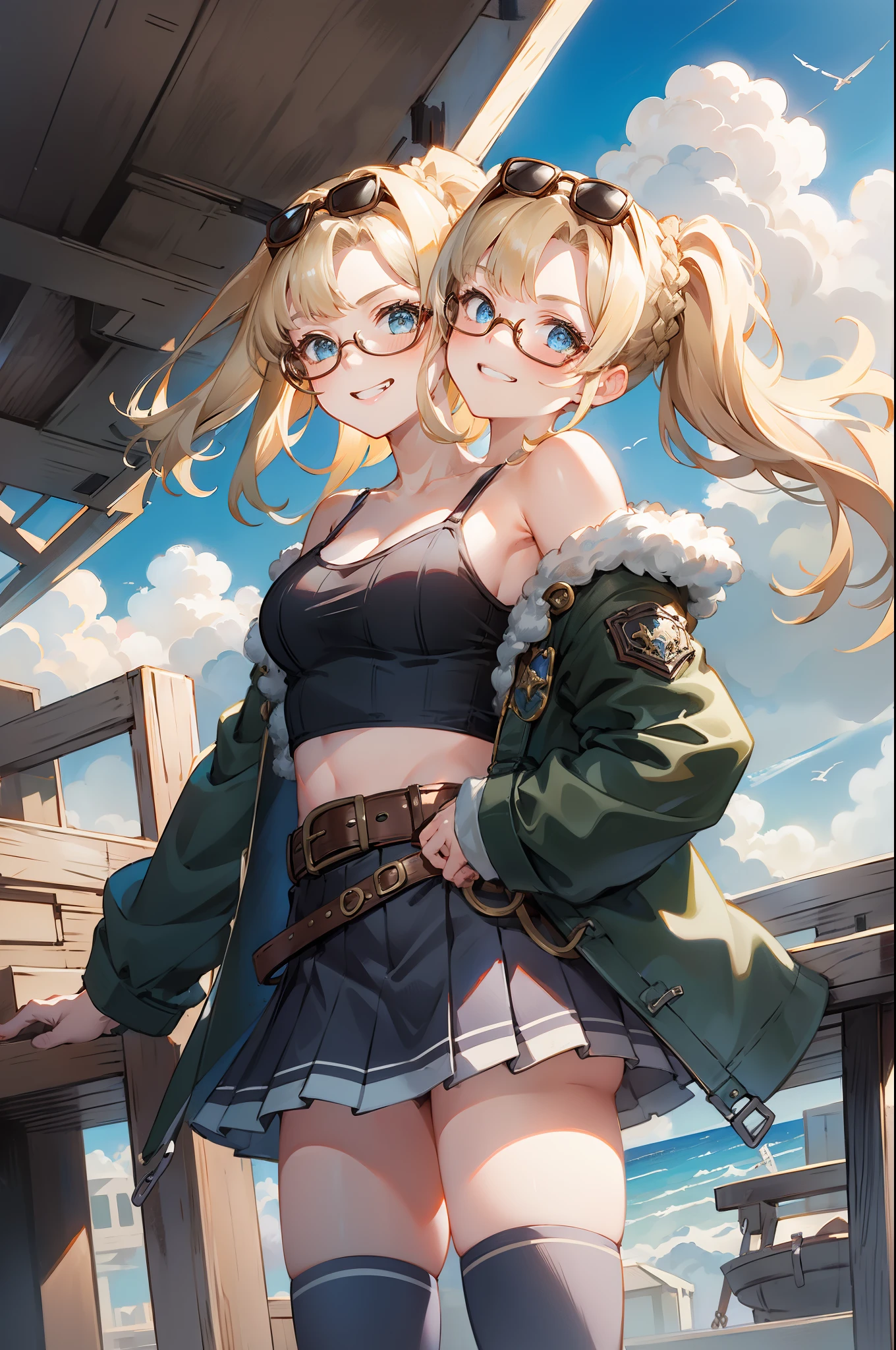 (2heads), zetadark, twintails, sunglasses, eyewear on head, fur trim, jacket, crop top, pleated skirt, thighhighs, belt, midriff, smug face, on the deck of a wooden airship flying, blue sky, clouds, masterpiece, illustration, official artwork, absurdres, high quality, 4k, 8k, 1girl, solo, dynamic shot