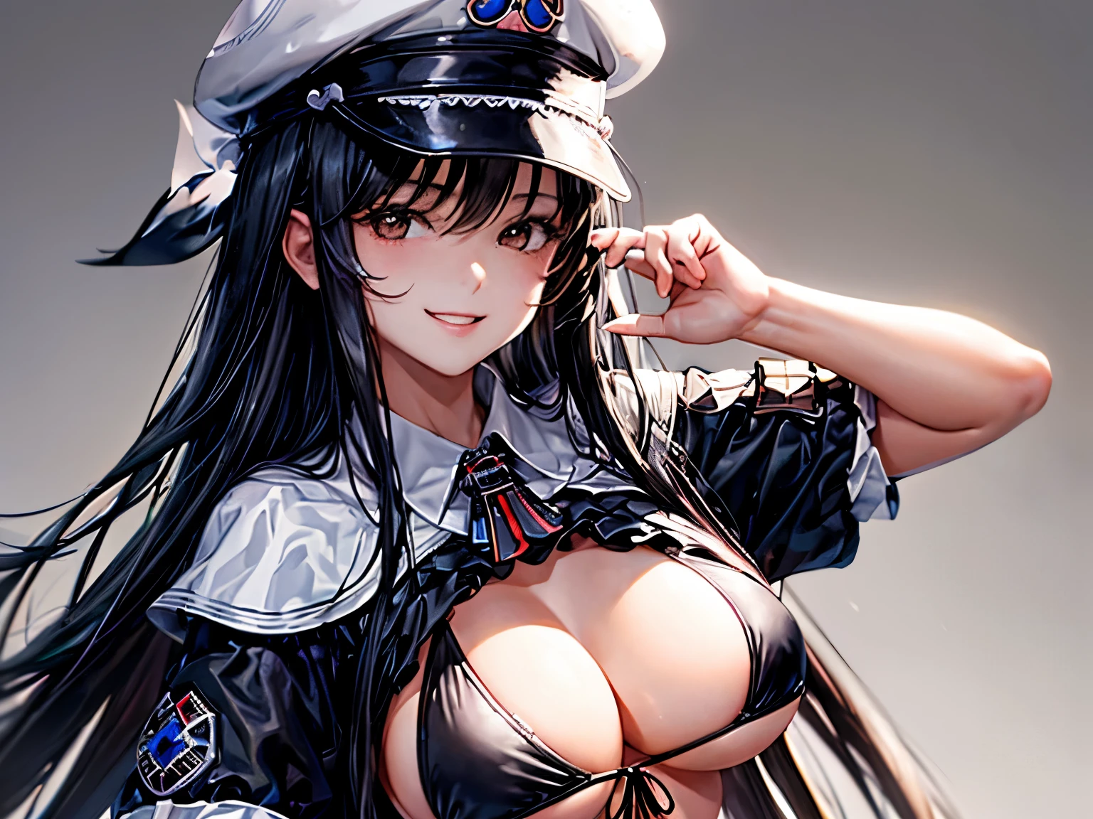 absurd resolution, high resolution, (Meisterwerk: 1.4), Hyper-Detail, Young girl's messy long black hair, Schwarzer Bikini, White cap, sweet, smiling, posing