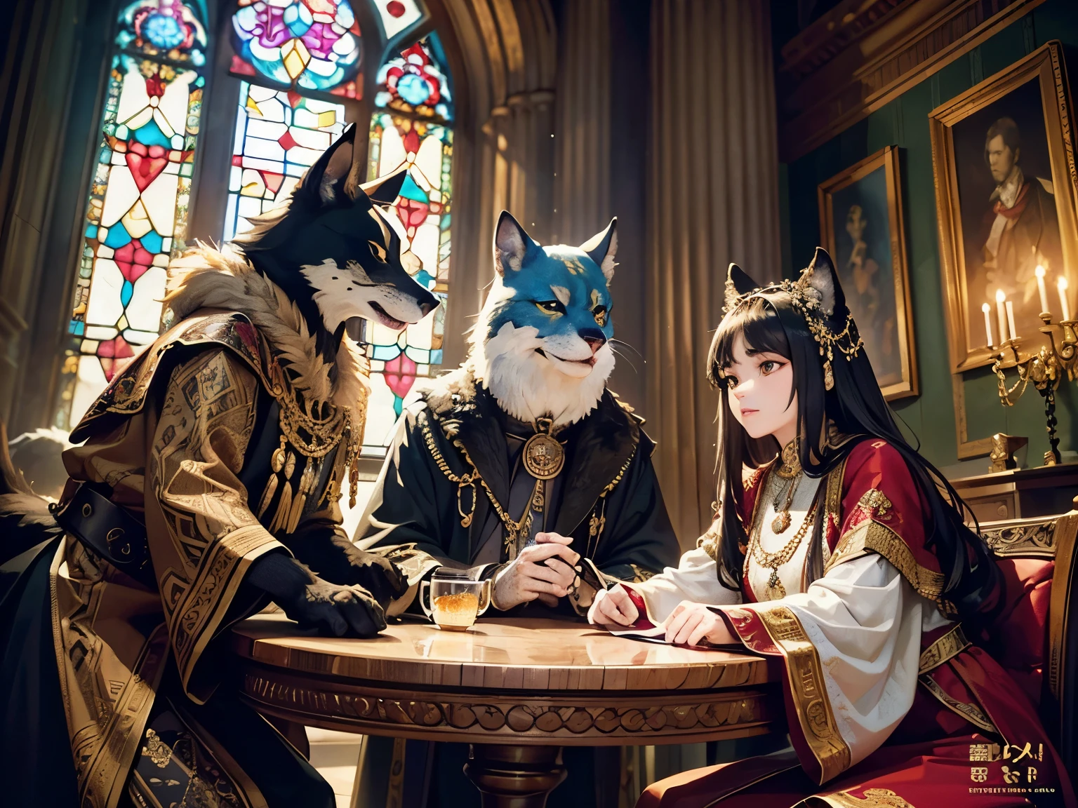 (best quality,4k,8k,highres,masterpiece:1.2),ultra-detailed,(realistic,photorealistic,photo-realistic:1.37),council of furries,anthro,furry ears,round table,epic,opulence,portraits,vivid colors,warm color palette,soft lighting,dramatic shadows,elaborate costumes,attention to textures,ornate carvings,ceremonial atmosphere,rich tapestries,enchanting atmosphere,attention to facial expressions,detailed background,mythical creatures,meeting of majestic anthropomorphic characters,(dimly lit room with stained glass windows),antique rock furniture,thick cave-like room,artistic rendering of anthropomorphic animals,imposing architecture,proud and regal poses,friendly and inviting atmosphere,subtle magical elements,intense gaze,alluring aesthetic,expressive eyes,fine fur texture,symbolic ornaments,beautifully adorned jewelry