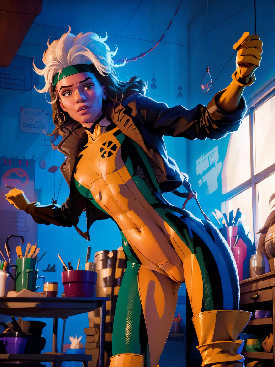 (((COMIC STYLE, CARTOON ART))). Close-up upper body, A comic-style image of Rogue member of the X-Men in dynamic pose.  A woman with brown hair with a white streak, green eyes and special gloves.  She is flying in the sky, with clouds in the background.  She wears her traditional attire with a brown leather jacket.(((Slim Hot body, sexy, sensual, camel toes ))), (((Camel Toes))). Detailed, detailed face, intricate. Cinematic background.