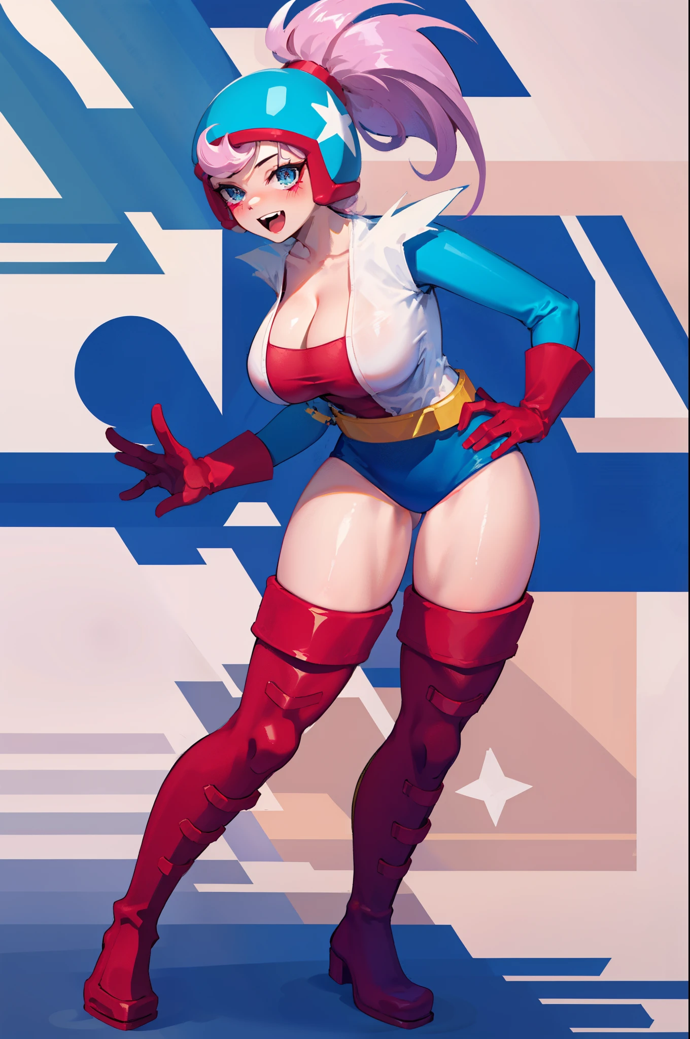 1girl, solo, janet, pink hair, ponytail, long hair, helmet, red gloves, blue leotard, star (symbol) , thigh boots , cleavage, belt, red footwear, shirt, long sleeves, ponytail, cowboy shot, large breasts, thick thighs, standing, hands on hips, legs apart, :D, white background,