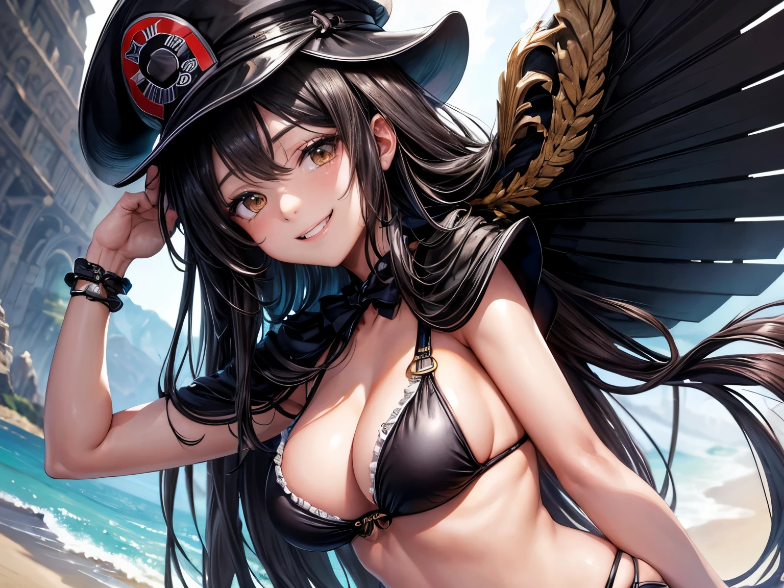 absurd resolution, high resolution, (Meisterwerk: 1.4), Hyper-Detail, Young girl's messy long black hair, Schwarzer Bikini, White cap, sweet, smiling, posing