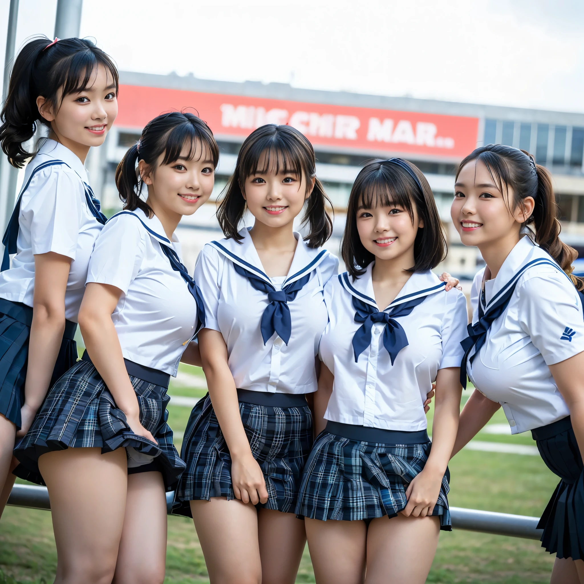 （8K、Raw photography、highest quality、masterpiece：1.2),(black hair:1.5),(Mr..々cute hairstyle、bob cut、very short hair、ponytail、twin tails:1.4),(6 high school girls、all the girls are so beautiful、wearing school uniform:1.6)、(girls school uniform、V-neck sweater、tie、plaid skirt: 1.3)、(Clothing that emphasizes the shape of your chest、big breasts:1.6)、(Group attendance at school:1.4)、ultra high resolution,(grassland:1.3)、(japanese woman: 1.2),（Photoreal：1.37）、photon mapping,reality、(They all look like idols and are cute: 1.7)、(cute smile: 1.7)、(round face: 1.8)、(*********: 1.2)、radio city、Physically based rendering、depth of field rally background、photograph, (Wearing a skirt that is too short: 2.0)、(super mini skirt、Her skirt is short and her white panties are visible..:1.4),(all wearing very short skirts、angle from below、Thighs look beautiful: 1.5)、whole body、super fine