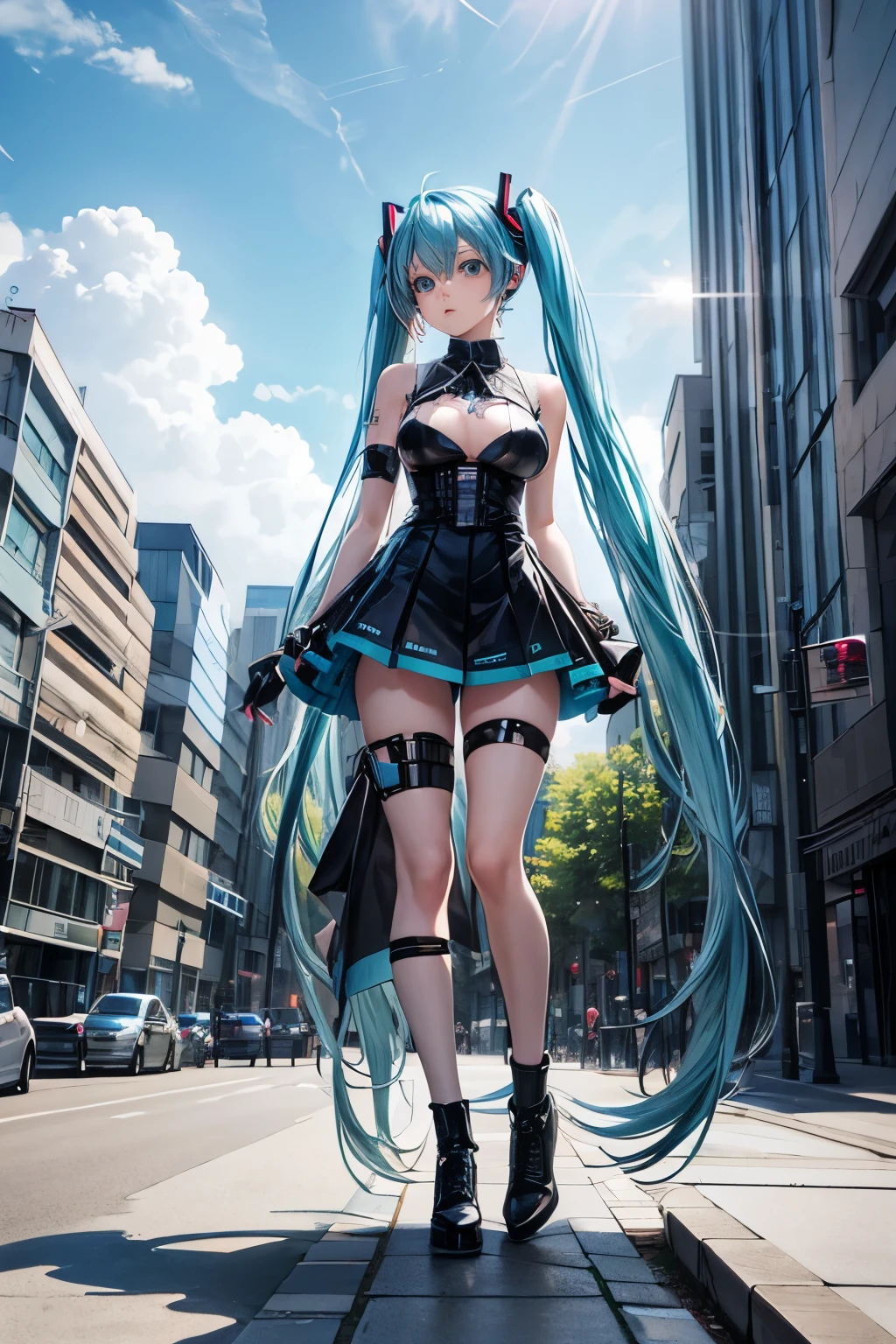 a girl, light blue hair, Hatsune Miku style hair, blue eyes, 20 years old, in berlin, modern city, accessories, sculptural body, best quality, masterpiece,gothic style clothing, medium breasts