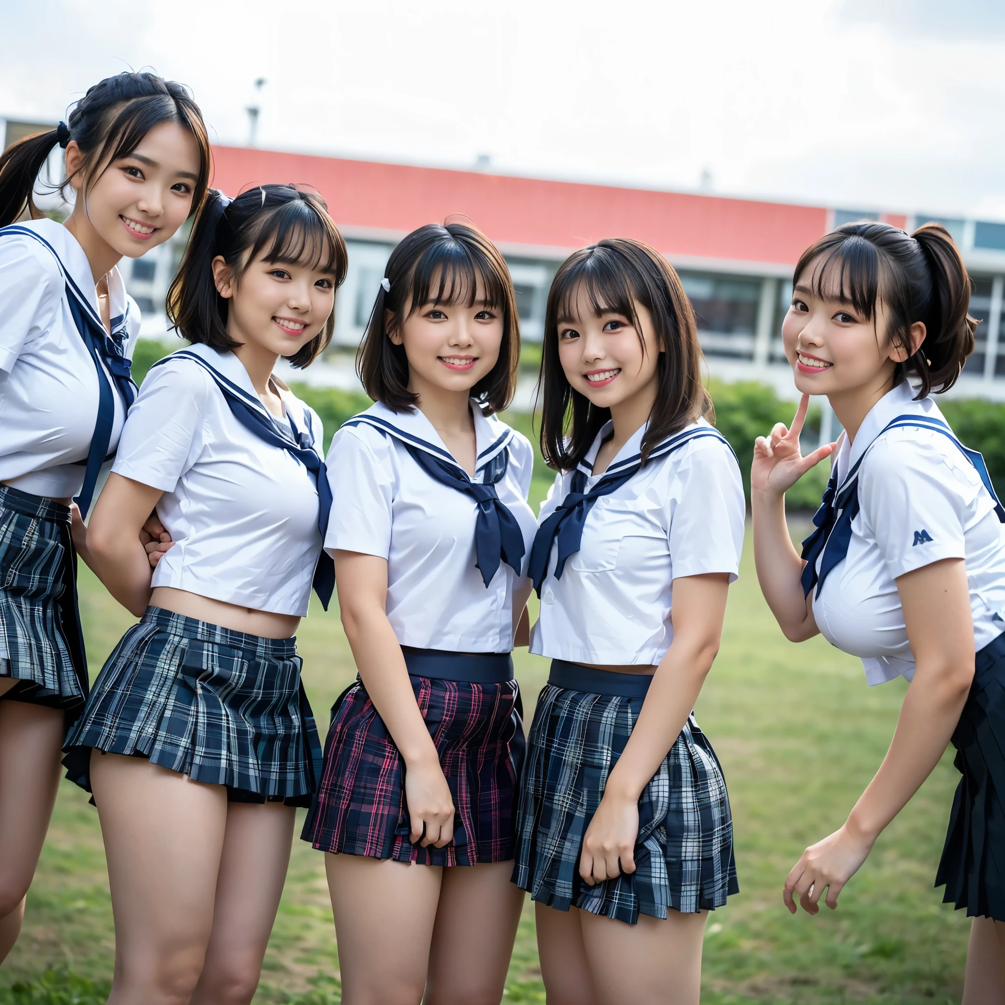 (8K、Raw photography、highest quality、masterpiece:1.2),(black hair:1.5),(Mr..々cute hairstyle、bob cut、very short hair、ponytail、twin tails:1.4),(6 high school girls、all the girls are so beautiful、wearing school uniform:1.6)、(girls school uniform、V-neck sweater、tie、plaid skirt: 1.3)、(Clothing that emphasizes the shape of your chest、big breasts:1.6)、(Group attendance at school:1.4)、ultra high resolution,(grassland:1.3)、(japanese woman: 1.2),(Photoreal:1.37)、photon mapping,reality、(They all look like idols and are cute: 1.7)、(cute smile: 1.7)、(round face: 1.8)、(baby face: 1.2)、radio city、Physically based rendering、depth of field rally background、photograph, (Wearing a skirt that is too short: 2.0)、(super mini skirt、Her skirt is short and her white panties are visible..:1.4),(all wearing very short skirts、angle from below、Thighs look beautiful: 1.5)、whole body、super fine