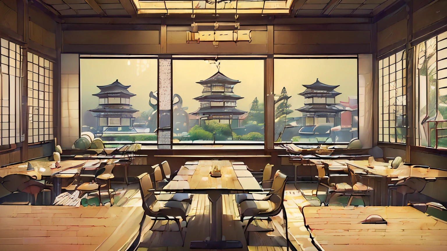 (((((masterpiece, High quality, absurd work of art, Best quality, a high resolution, ultra detailed), complex parts, Modern cozy cafe dining room in Japanese style, flatная, flat,  noodle, malathan, desks, Chairs, food stand with bowls of noodles, Without people, NOhumans, Japanese style 