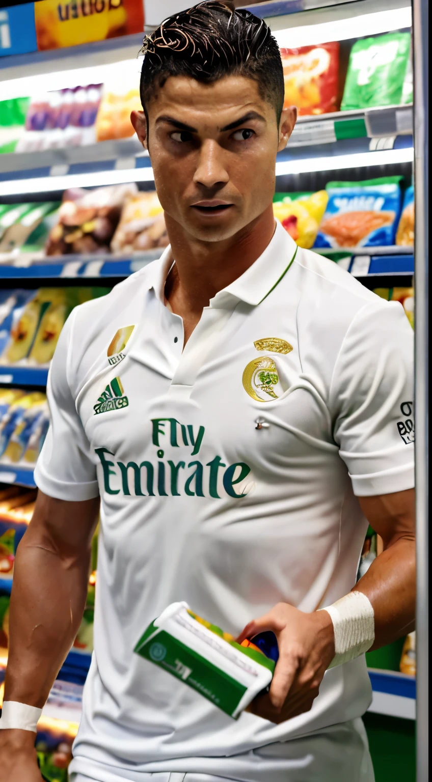 ((Best quality)), ((masterpiece)), (detailed), ((perfec face)), ((cristiano ronaldo)), 1 man, Shopping at Convenience stores, Realistic, real life
