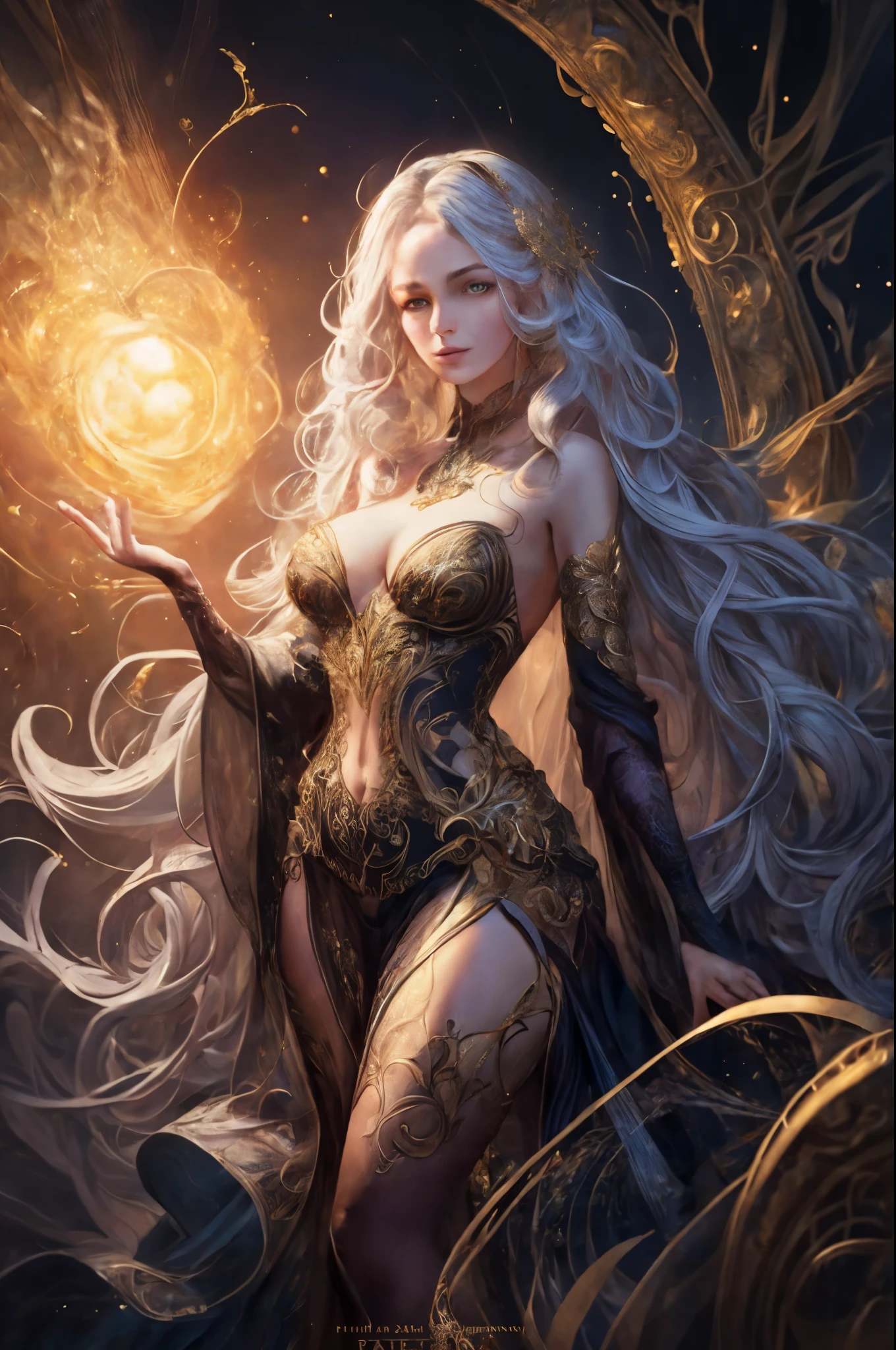A beautiful woman with perfect features stands near perfection, her shapeless long hair cascading down in intricate waves, adorned in a Rococo style evening dress. The ethereal background radiates abstract beauty, with intricate details that align with the Golden Ratio. The minimalist design, though unfinished, showcases a concept art piece by Brian Froud, Carne Griffiths, and Wadim Kashin. The high-resolution image, rendered in 8k post-production, exhibits every detail with pinpoint sharp focus and superb intricacy. Studio photos reveal the perfect form of the woman, with her skin displaying intricate textures that seem to shimmer under the
