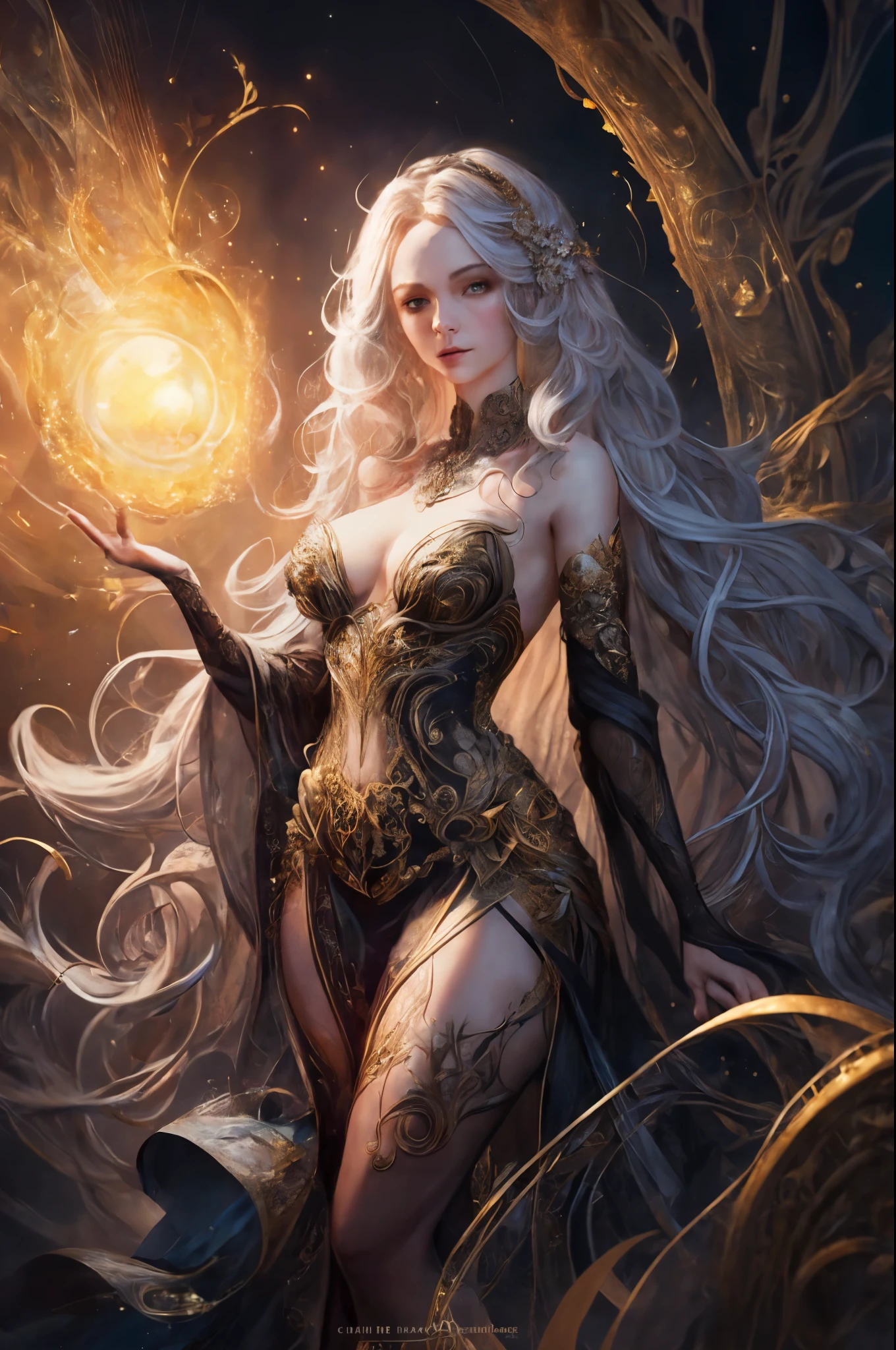 A beautiful woman with perfect features stands near perfection, her shapeless long hair cascading down in intricate waves, adorned in a Rococo style evening dress. The ethereal background radiates abstract beauty, with intricate details that align with the Golden Ratio. The minimalist design, though unfinished, showcases a concept art piece by Brian Froud, Carne Griffiths, and Wadim Kashin. The high-resolution image, rendered in 8k post-production, exhibits every detail with pinpoint sharp focus and superb intricacy. Studio photos reveal the perfect form of the woman, with her skin displaying intricate textures that seem to shimmer under the