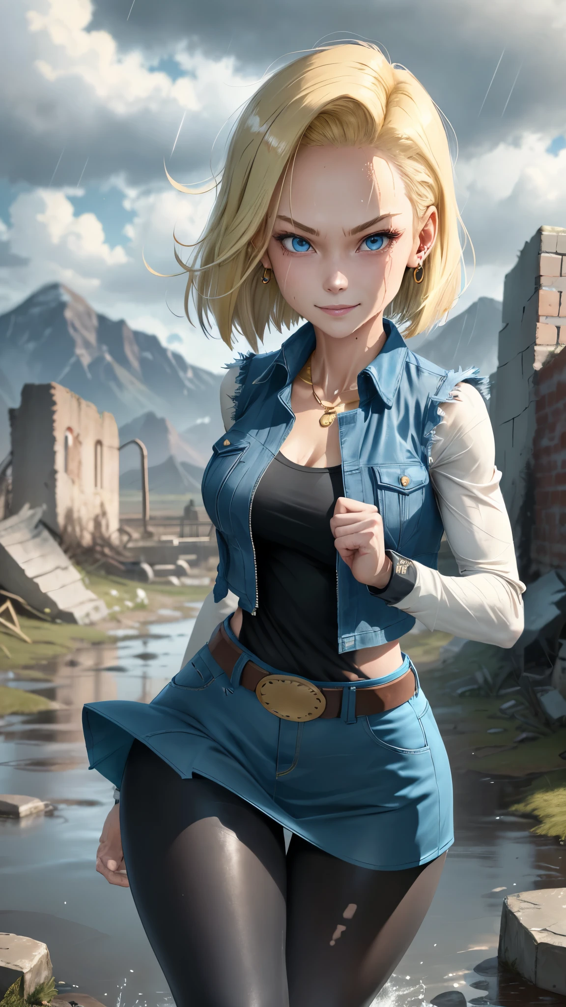 best quality, highres, and18, 1girl, android 18, solo, blonde hair, blue eyes, belt, tight blue demin skirt, gold_necklace, closed fists, black shirt, short hair, long sleeves, earrings, open vest, denim vest, medium breasts, cowboy shot, mountains, straight-on, (weather: raining and windy), wet clothes, fierce smile, combat stance, full length pantyhose, battle ruins, wide hips, thick legs, wet body, floating, ripped, clothes,