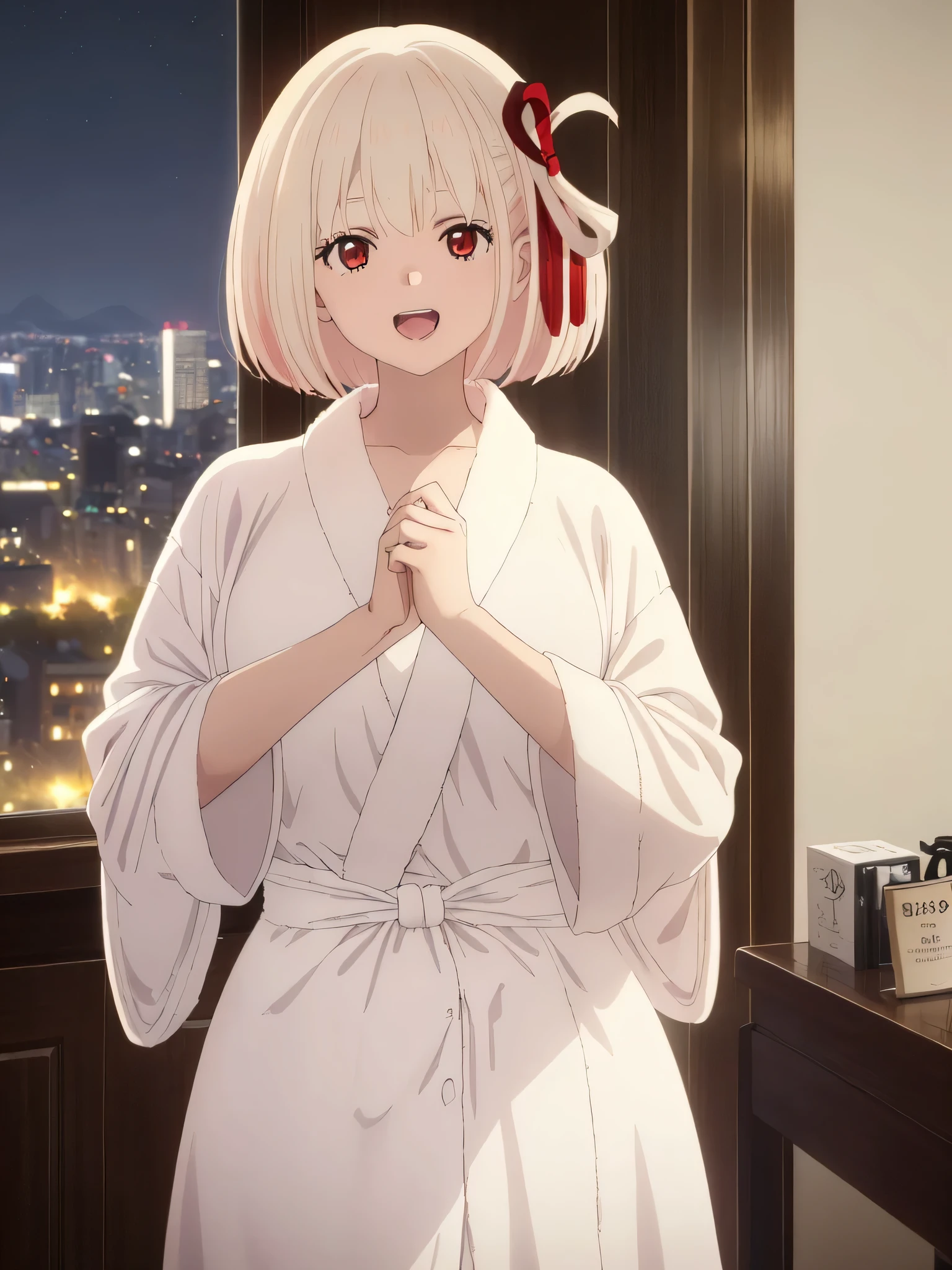 best image quality、high quality、18-year-old、1 girl, masterpiece, 最high quality、(((hotel room)))、Rooms in high-rise apartments、Bedroom、Night view from the window、midnight、Western-style interior,((valley))、(((bathrobe))))、naked、(((Enlarge the subject)))、Upper body、nakedに、(Laughter:1.1), , (wide open eyes:1.2)、leaning forward、glare of lighting, perfect lighting, 、Bokeh, written boundary depth, blurred background, Senzoku Nishikigi、Blonde short bob、red eyes、
