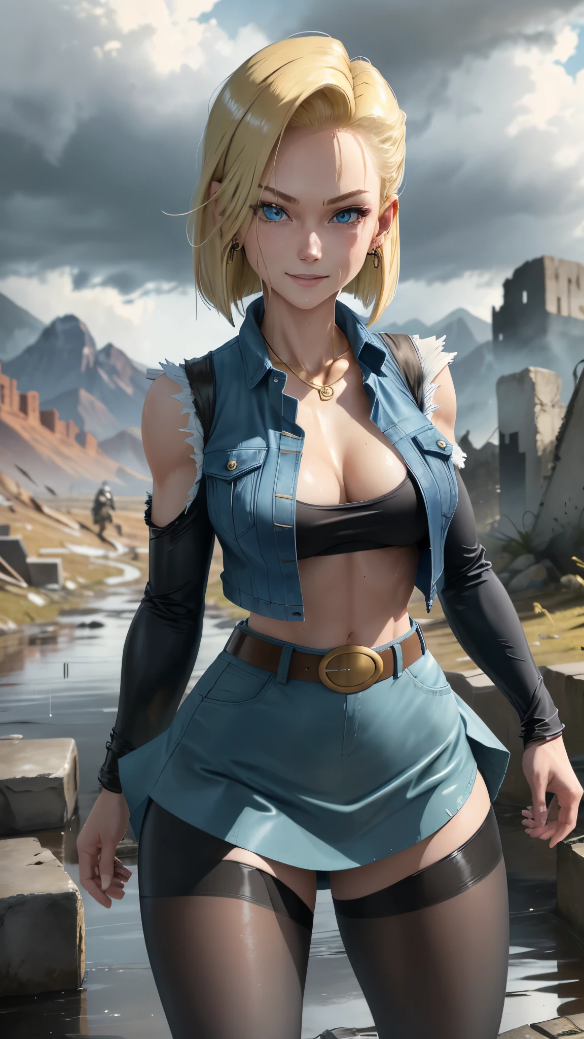 best quality, highres, and18, 1girl, android 18, solo, blonde hair, blue eyes, belt, tight blue demin skirt, gold_necklace, closed fists, black shirt, short hair, long sleeves, earrings, open vest, denim vest, medium breasts, cowboy shot, mountains, straight-on, (weather: raining and windy), wet clothes, fierce smile, combat stance, full length pantyhose, battle ruins, wide hips, thick legs, wet body, floating, ripped, clothes,