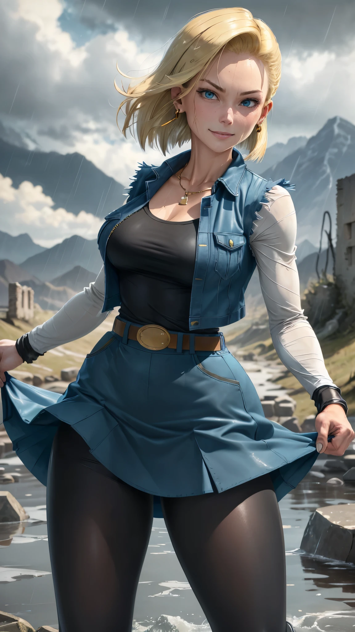 best quality, highres, and18, 1girl, android 18, solo, blonde hair, blue eyes, belt, tight blue demin skirt, gold_necklace, closed fists, black shirt, short hair, long sleeves, earrings, open vest, denim vest, medium breasts, cowboy shot, mountains, straight-on, (weather: raining and windy), wet clothes, fierce smile, combat stance, full length pantyhose, battle ruins, wide hips, thick legs, wet body, floating, ripped, clothes,