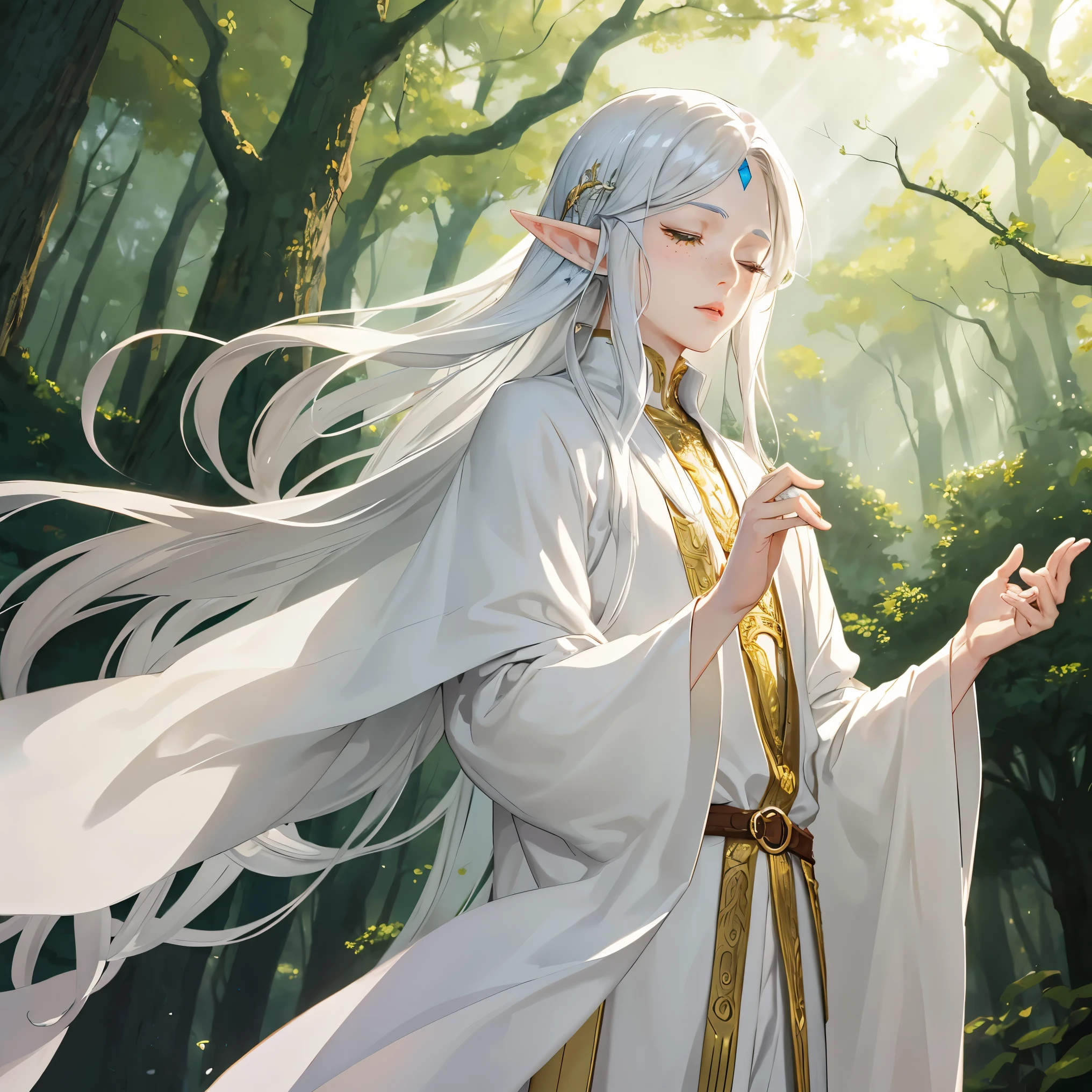 {{young elf boy}} with freckles, long silver hair and eyes closed, using a white oracle-like robe with golden details, medieval fantasy, in a forest, anime style, perfect lips, symmetrical face, pale skin