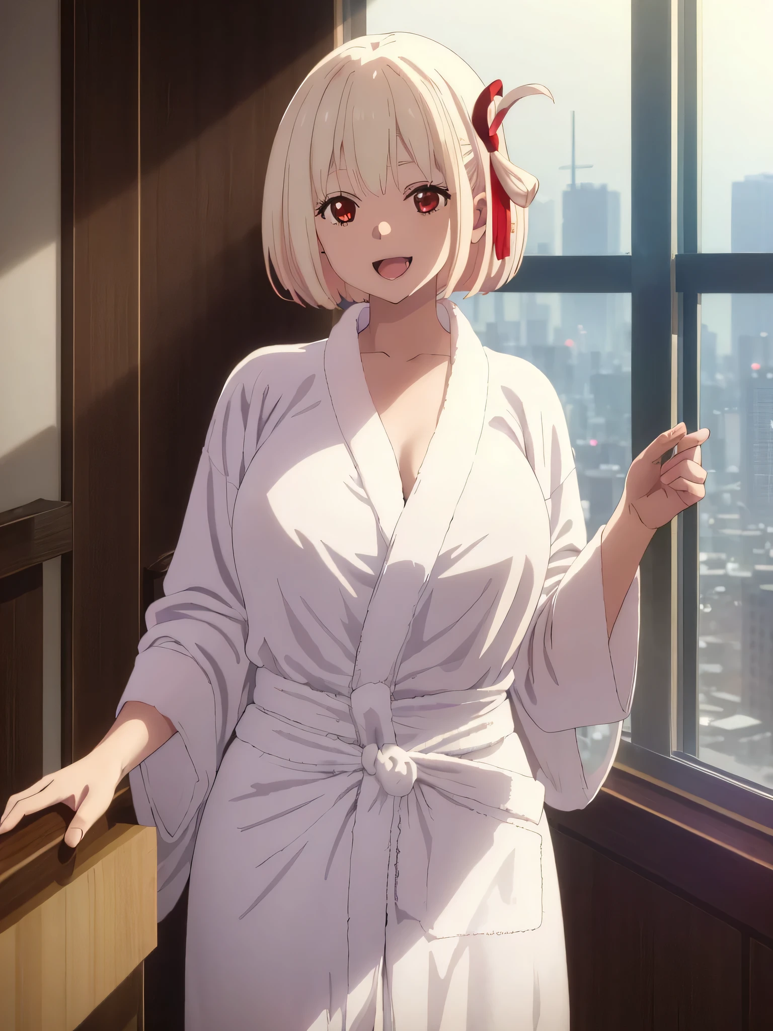 best image quality、high quality、18-year-old、1 girl, masterpiece, 最high quality、(((hotel room)))、Rooms in high-rise apartments、Bedroom、Night view from the window、midnight、Western-style interior,((valley))、(((bathrobe)))、nipple、綺麗なnipple、naked、(((Enlarge the subject)))、Upper body、nakedに、(Laughter:1.1), , (wide open eyes:1.2)、leaning forward、glare of lighting, perfect lighting, 、Bokeh, written boundary depth, blurred background, Senzoku Nishikigi、Blonde short bob、red eyes、
