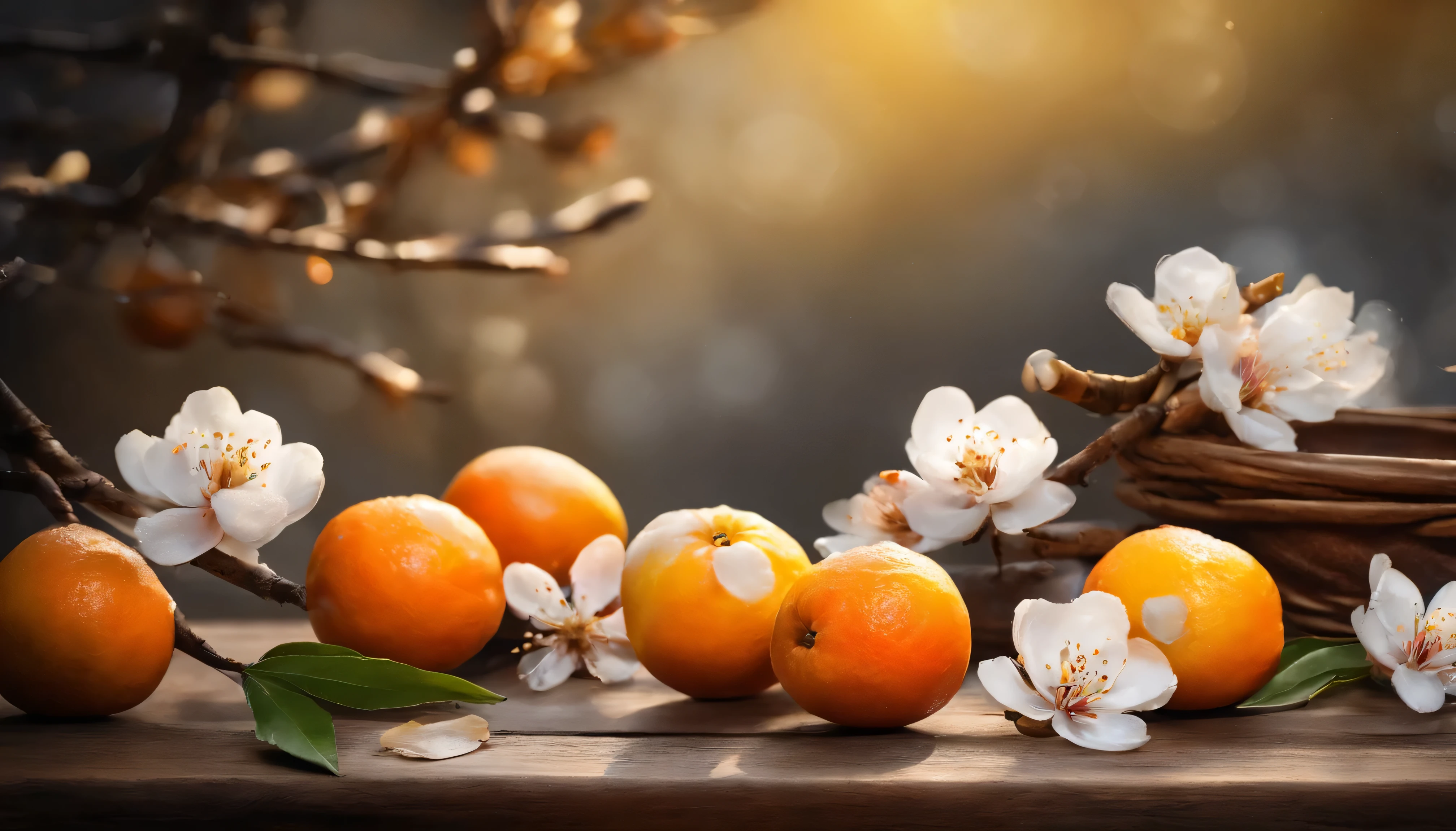 Single white plum blossom close-up focused high definition image.A plate of fresh beautiful whole oranges(Place below the screen Place outside the screen).Tea.喝Tea.candy(center). .Gold ingots .Red envelopes ...new year elements.Simple festive textured bokeh background.New Year festive atmosphere..Leave blank.fresh, bright, Light and shadow are natural and soft.best quality.8k.romantic style.Festive style.Sophisticated and elegant.from above, ultra high definition, masterpiece, anatomically correct, best quality winter mood.Photo quality.ultra high definition, anatomically correct, Super details, high quality, high resolution, 8k.nobody
