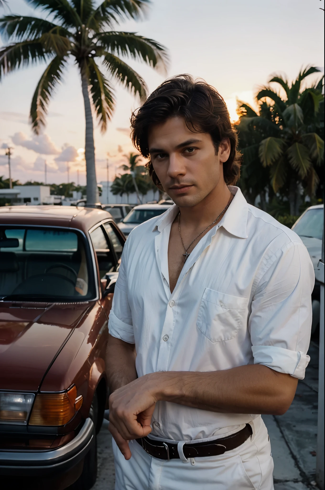 cocaine dealer in miami 1986 sunset behind him, white caucasian male, great hair, mercedes benz two door coupe behind him