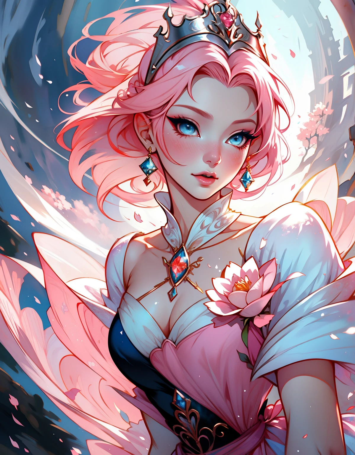 1 mulher, fantasiada de branca de neve, strong emotions, sakura,pink hair,  cabelo curto, luz, foco, como branca de neve, corpo inteiro, solo, magia ao seu redor. illustration! from head to toe, vestido azul e amarelo
