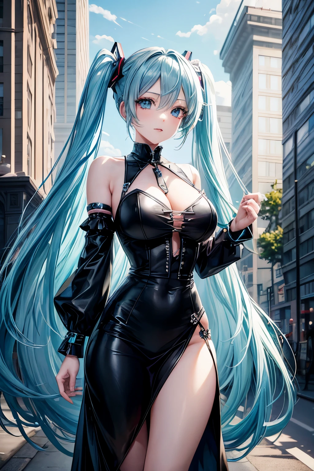 a girl, light blue hair, Hatsune Miku style hair, blue eyes, 20 years old, in berlin, modern city, accessories, sculptural body, best quality, masterpiece,gothic style clothing, big breasts, long vampire dress, anime style