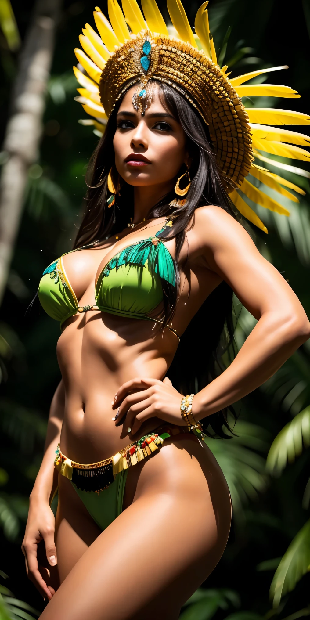 Cinematographer, High definition 4k, lo mejor de lo mejor, Beautiful woman the most beautiful, Amazonian Princess, tocado de plumas de loros y guacamayos, corona de plumas, cuerpo exuberante, cuerpo perfecto, cuerpo exuberante, cuerpo pintado