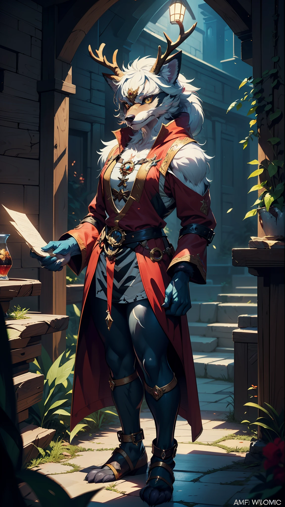 masterpiece, (1girl), extremely detailed character, full body shot, best quality, dnd, dungeons and dragons, (wolf, anthro, horns(, (furry:1.5), (Warlock), deer horns, pointy ears, medieval era, fantasy clothes, anime style, (medieval light wizard outfit)