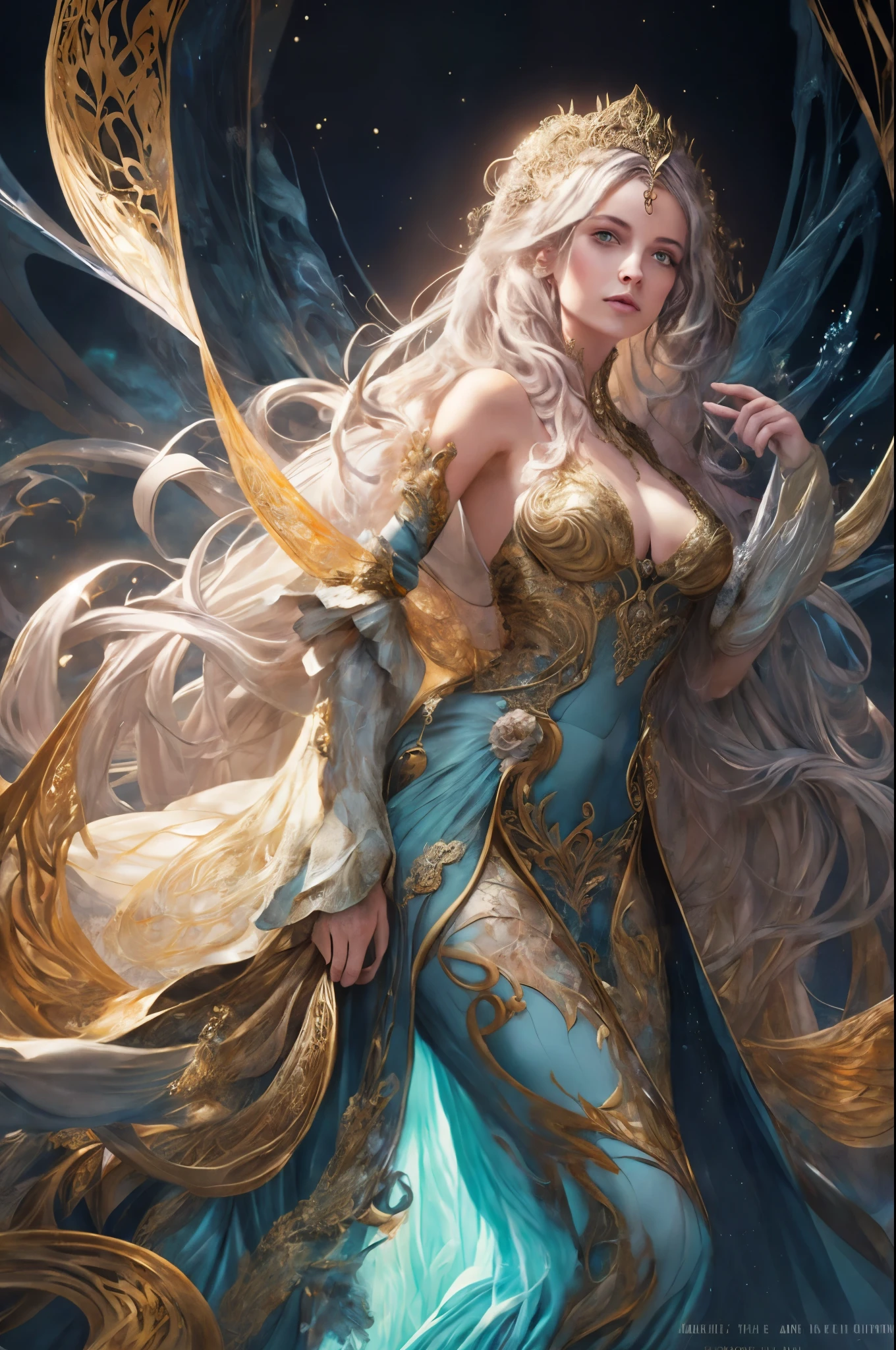 A beautiful woman with perfect features stands near perfection, her shapeless long hair cascading down in intricate waves, adorned in a Rococo style evening dress. The ethereal background radiates abstract beauty, with intricate details that align with the Golden Ratio. The minimalist design, though unfinished, showcases a concept art piece by Brian Froud, Carne Griffiths, and Wadim Kashin. The high-resolution image, rendered in 8k post-production, exhibits every detail with pinpoint sharp focus and superb intricacy. Studio photos reveal the perfect form of the woman, with her skin displaying intricate textures that seem to shimmer under the