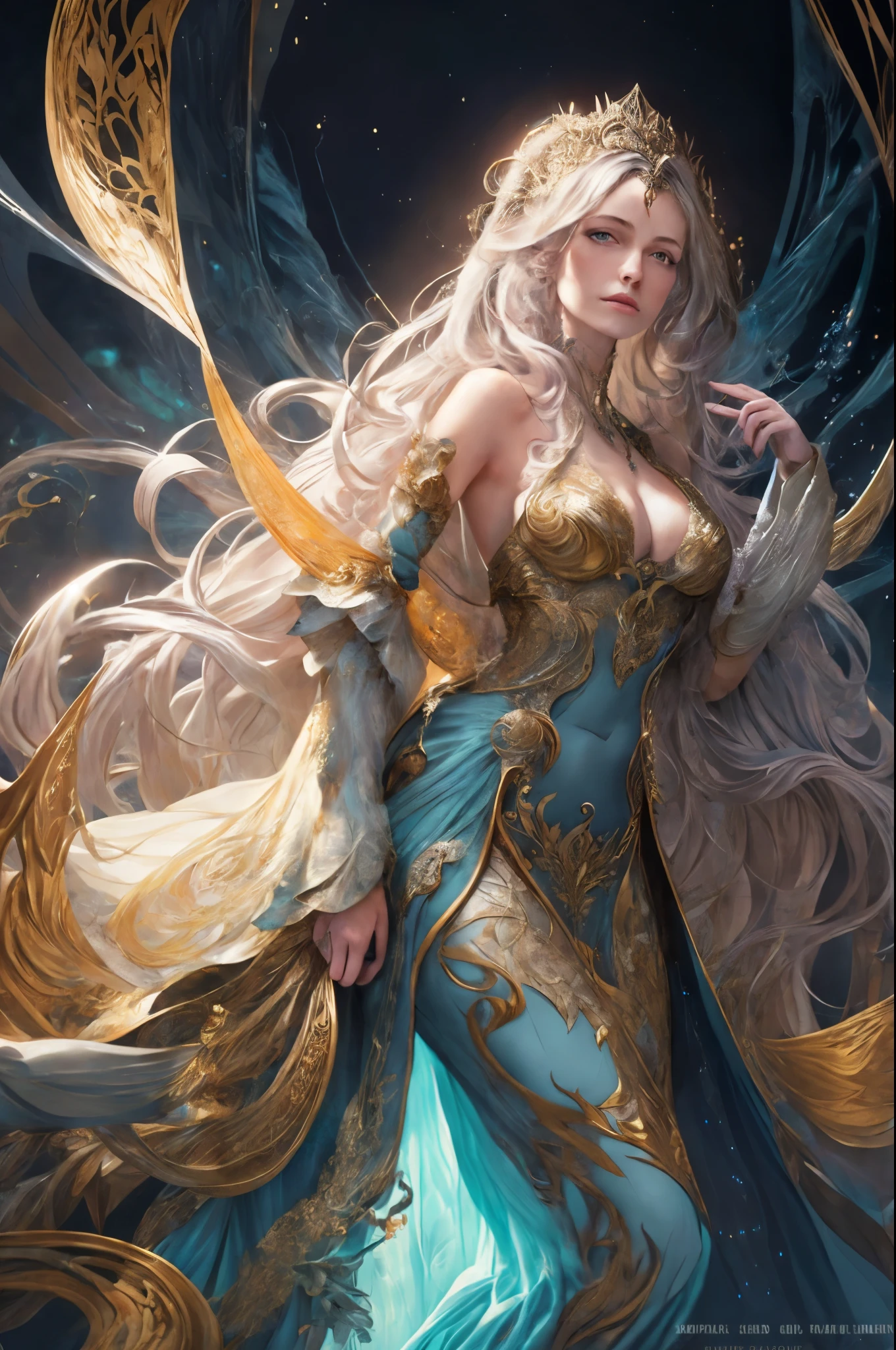 A beautiful woman with perfect features stands near perfection, her shapeless long hair cascading down in intricate waves, adorned in a Rococo style evening dress. The ethereal background radiates abstract beauty, with intricate details that align with the Golden Ratio. The minimalist design, though unfinished, showcases a concept art piece by Brian Froud, Carne Griffiths, and Wadim Kashin. The high-resolution image, rendered in 8k post-production, exhibits every detail with pinpoint sharp focus and superb intricacy. Studio photos reveal the perfect form of the woman, with her skin displaying intricate textures that seem to shimmer under the