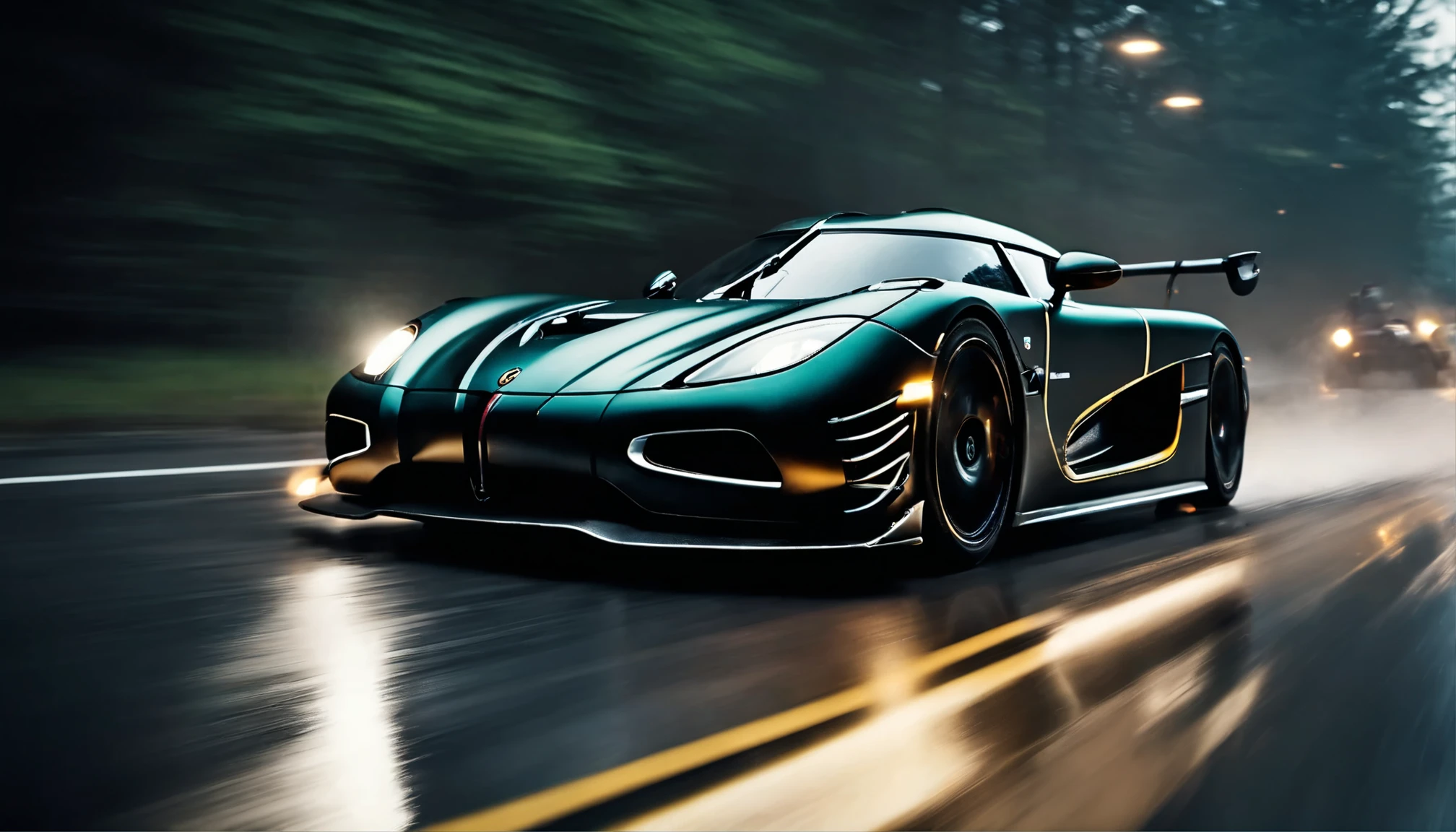 Koenigsegg Agera RS drifting chase, action shot, high speed, night life, heavy rain, lens flare, intricate, elegant, highly detailed, realistic, concept art, matte, sharp focus, hearthstone