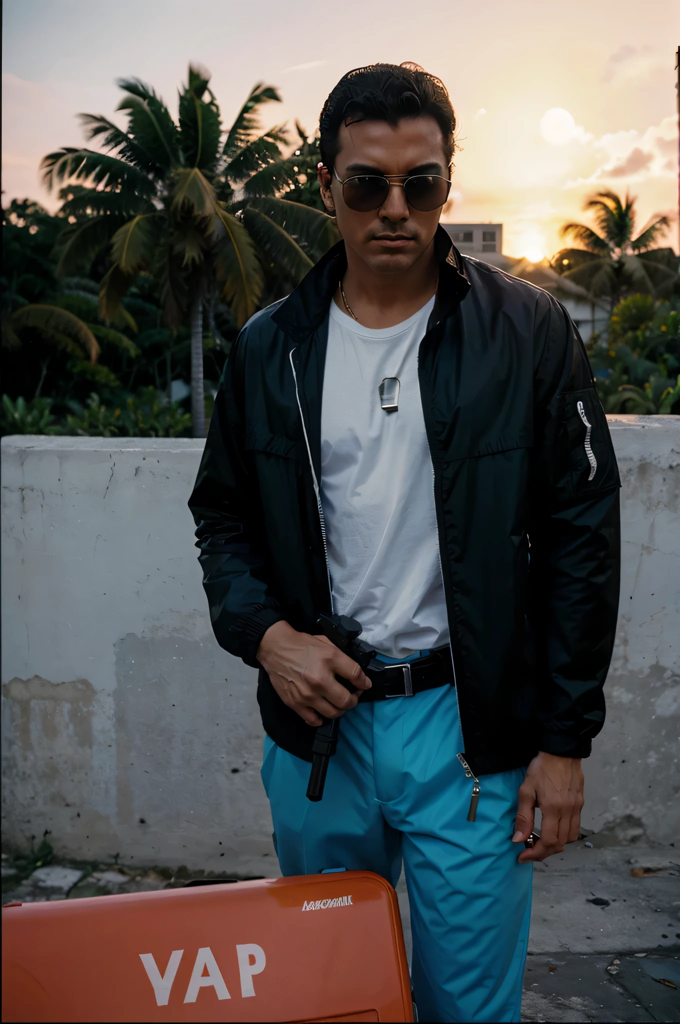 cocaine hitman miami 1985 wearing windbreaker holding a mac-10 machine gun, sunglasses, sunset behind him