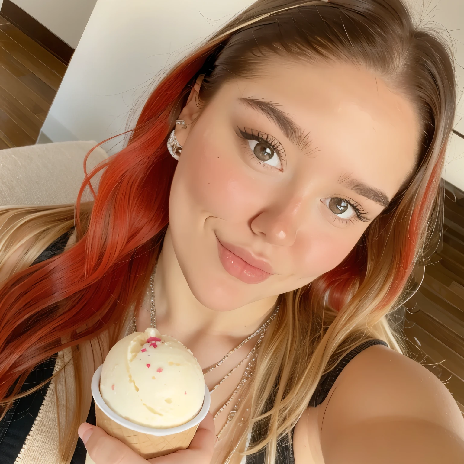 redhead, beautiful eyes, holding ice cream