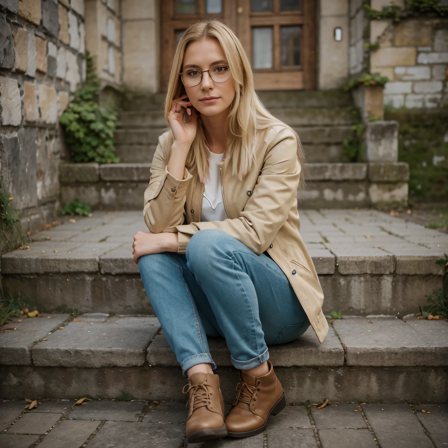 Frau, 20 jahre alt, blonde Haare, Harre in einer Klammer zusammen, Beige Steppjacke, blauer Schal, Jeanshose, ernster Blick, 1,63 m tall, greenish shimmering glasses, normal gebaut, mit einer Zigarette im Mund, brauner Haaransatz, goldene Ohrstecker