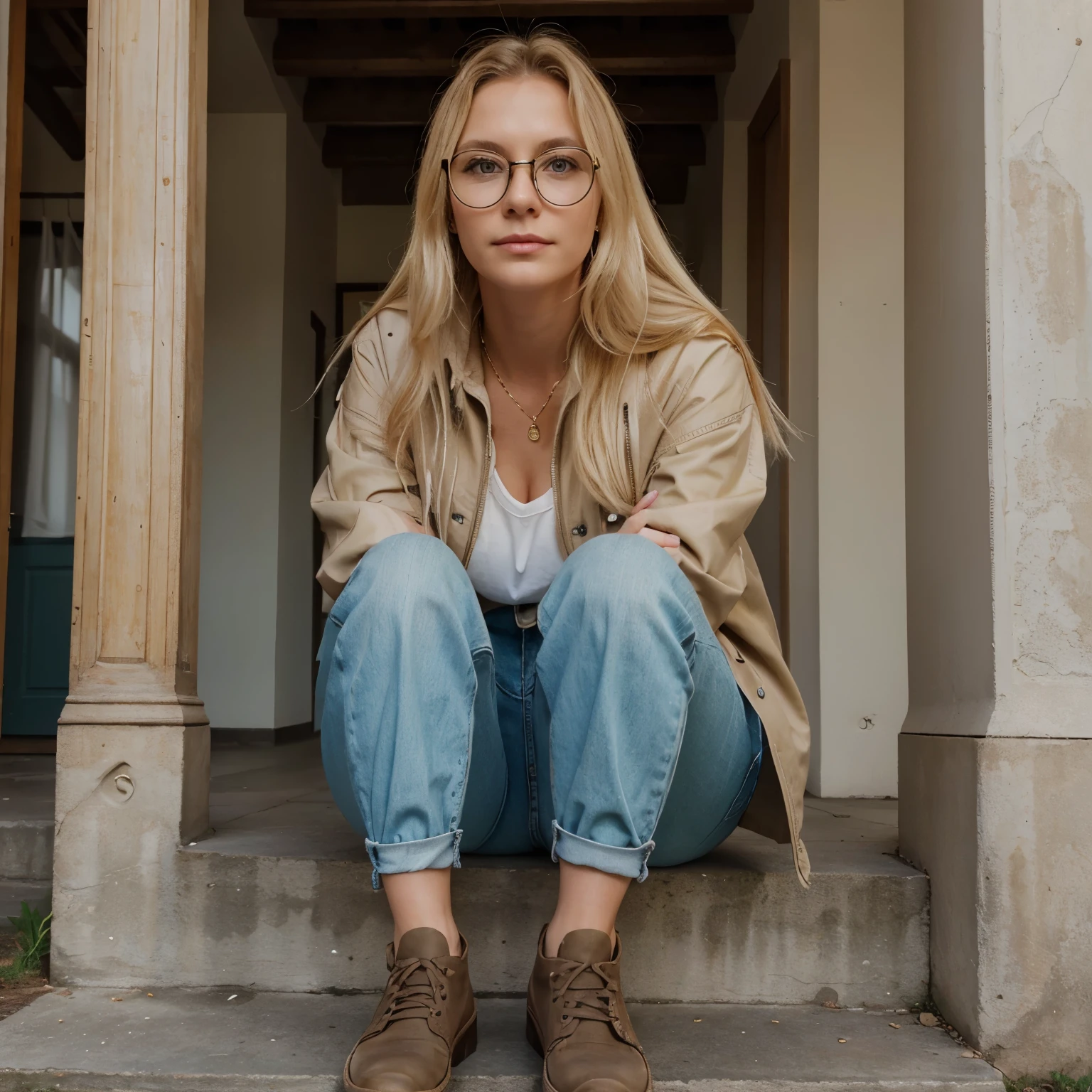 Frau, 20 jahre alt, blonde Haare, Harre in einer Klammer zusammen, Beige Steppjacke, blauer Schal, Jeanshose, ernster Blick, 1,63 m tall, greenish shimmering glasses, normal gebaut, mit einer Zigarette im Mund, brauner Haaransatz, goldene Ohrstecker