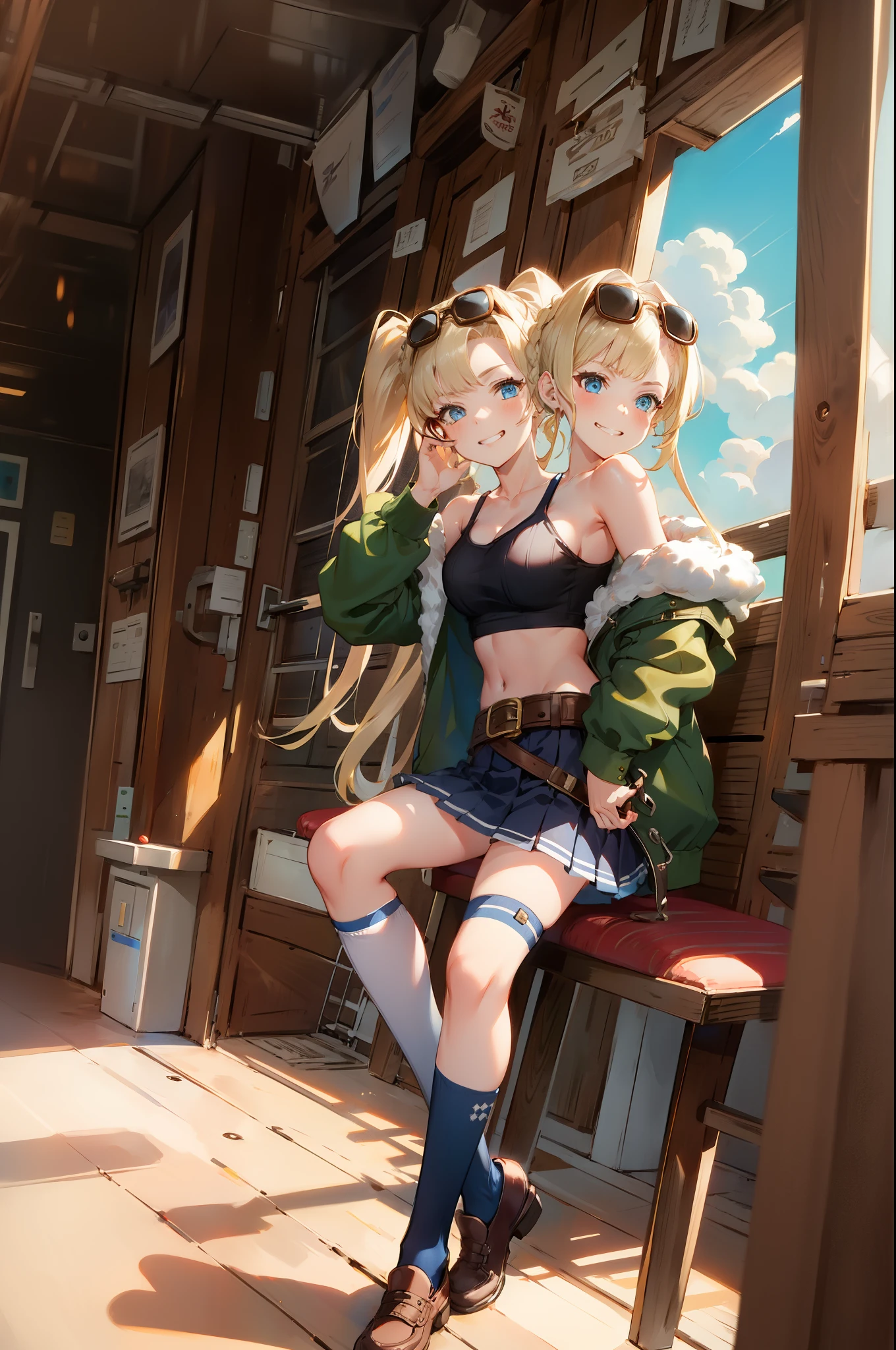 (2heads), zetadark, twintails, sunglasses, eyewear on head, fur trim, jacket, crop top, pleated skirt, thighhighs, belt, midriff, smug face, on the deck of a wooden airship flying, blue sky, clouds, masterpiece, illustration, official artwork, absurdres, high quality, 4k, 8k, 1girl, solo, dynamic shot, sitting, legs crossed, crossed legs