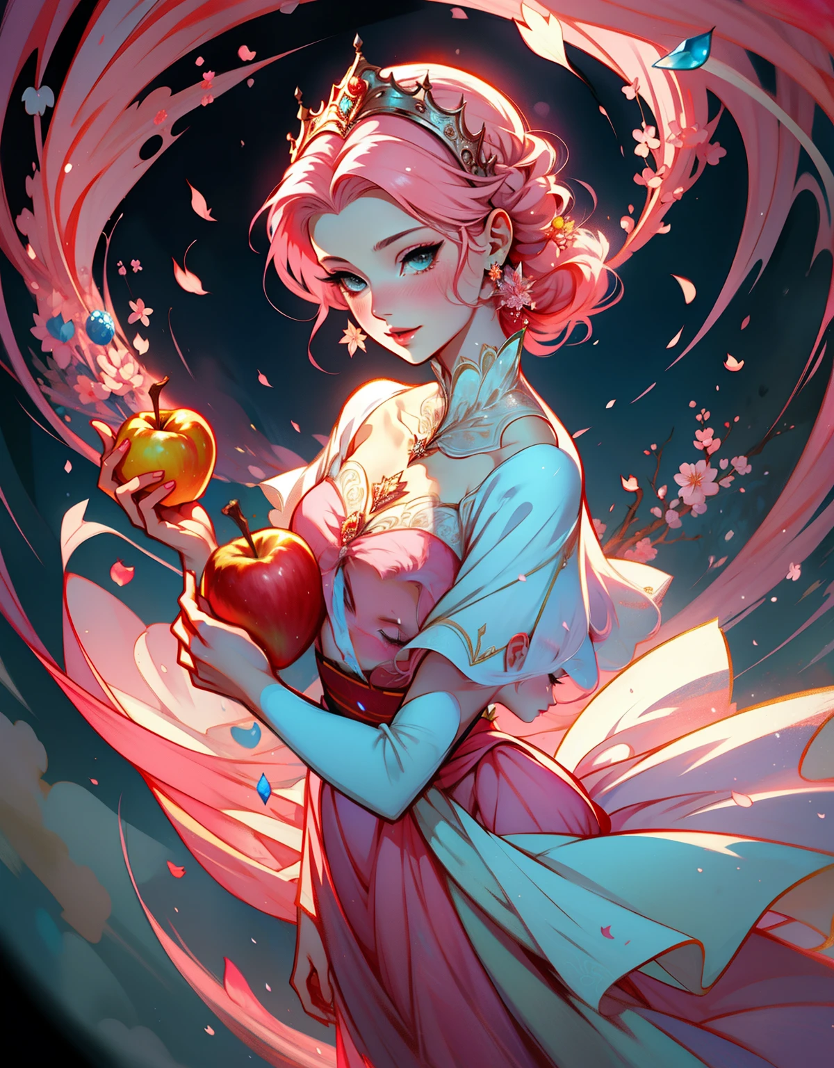 1 mulher, fantasiada de branca de neve, strong emotions, sakura,pink hair, cabelo curto, luz, foco, como branca de neve, corpo inteiro, solo, magia ao seu redor. illustration! from head to toe, vestido azul e amarelo, Holding an apple