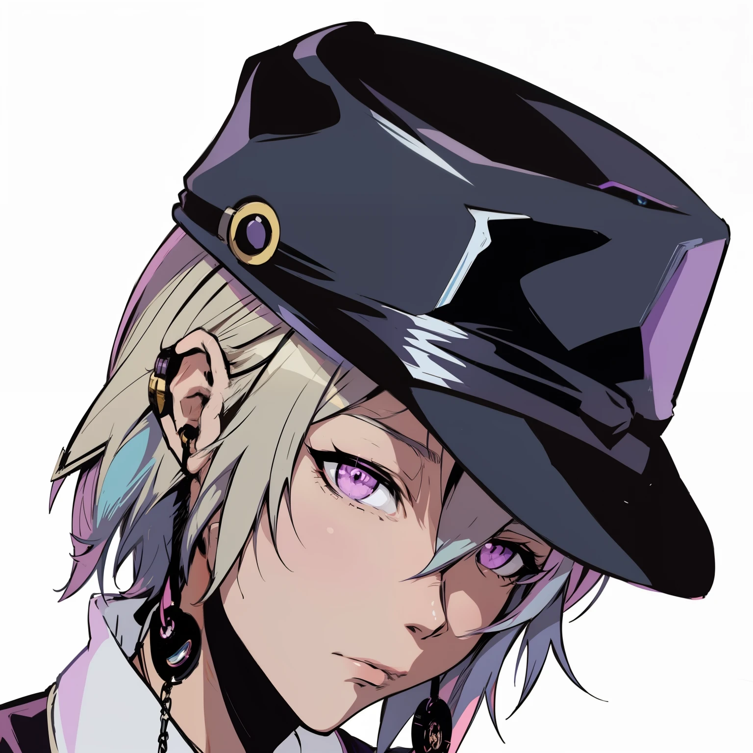 anime character with a top hat and a necklace, 2 d anime style, shigenori soejima illustration, ryuta ueda artwork, trigger anime artstyle, hajime yatate, key anime art, 2 d anime, lolish, male anime character, zerochan, artstyle hiraku tanaka, detailed anime character art, 2b, 2 b, purple eyes in violet rings, makima eyes, chainsaw man makima eyes.