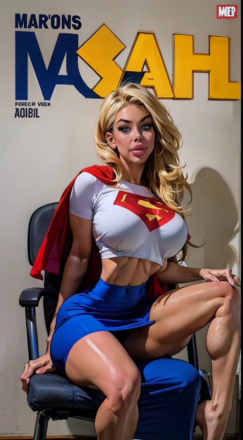 Digital illustration, cover comic in 1990s  style marvel comics, VFX , digital drawb,  sitting on a chair in a room, instagram model, Thick and shapely thighs and legs,  blue school uniform in, model, hot   girl, art style in  the characteristic style of the artist Artgerm, and his most epic comic covers to Marvel comics, red cape, blue skirt, white shirt