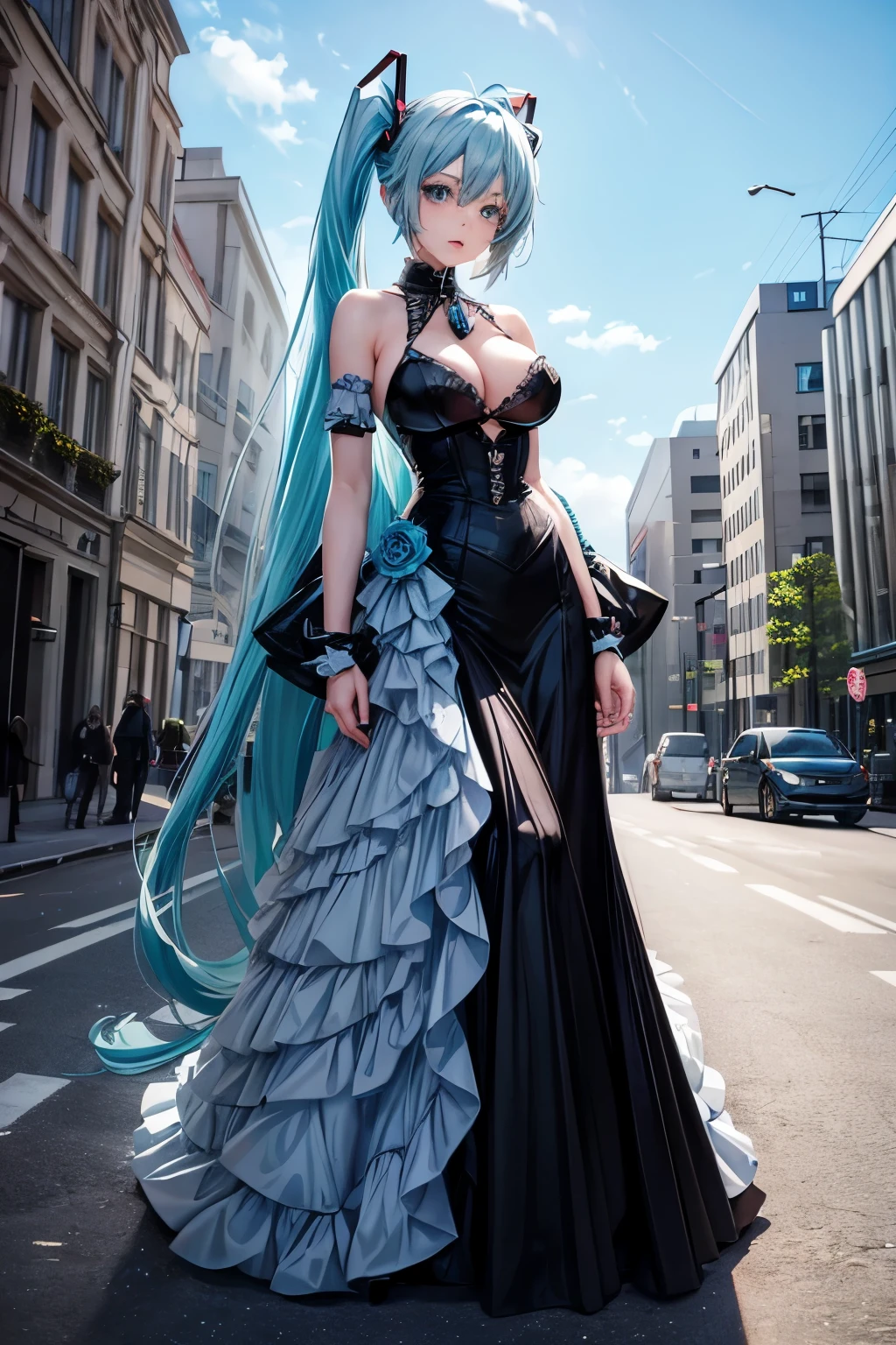 a girl, light blue hair, Hatsune Miku style hair, blue eyes, 20 years old, in berlin, modern city, accessories, sculptural body, best quality, masterpiece,gothic style clothing, big breasts, long vampire dress, anime style 