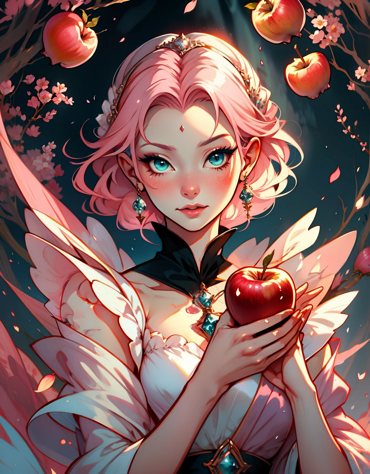 1 mulher, fantasiada de branca de neve, strong emotions, sakura,pink hair, cabelo curto, luz, foco, como branca de neve, corpo inteiro, solo, magia ao seu redor. illustration! from head to toe, vestido azul e amarelo, Holding an apple
