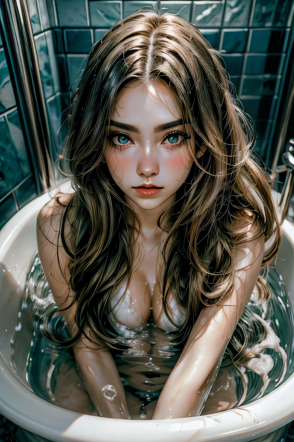 beautiful woman, with a detailed face, beautiful eyes, long hair, the background is bathtub, water