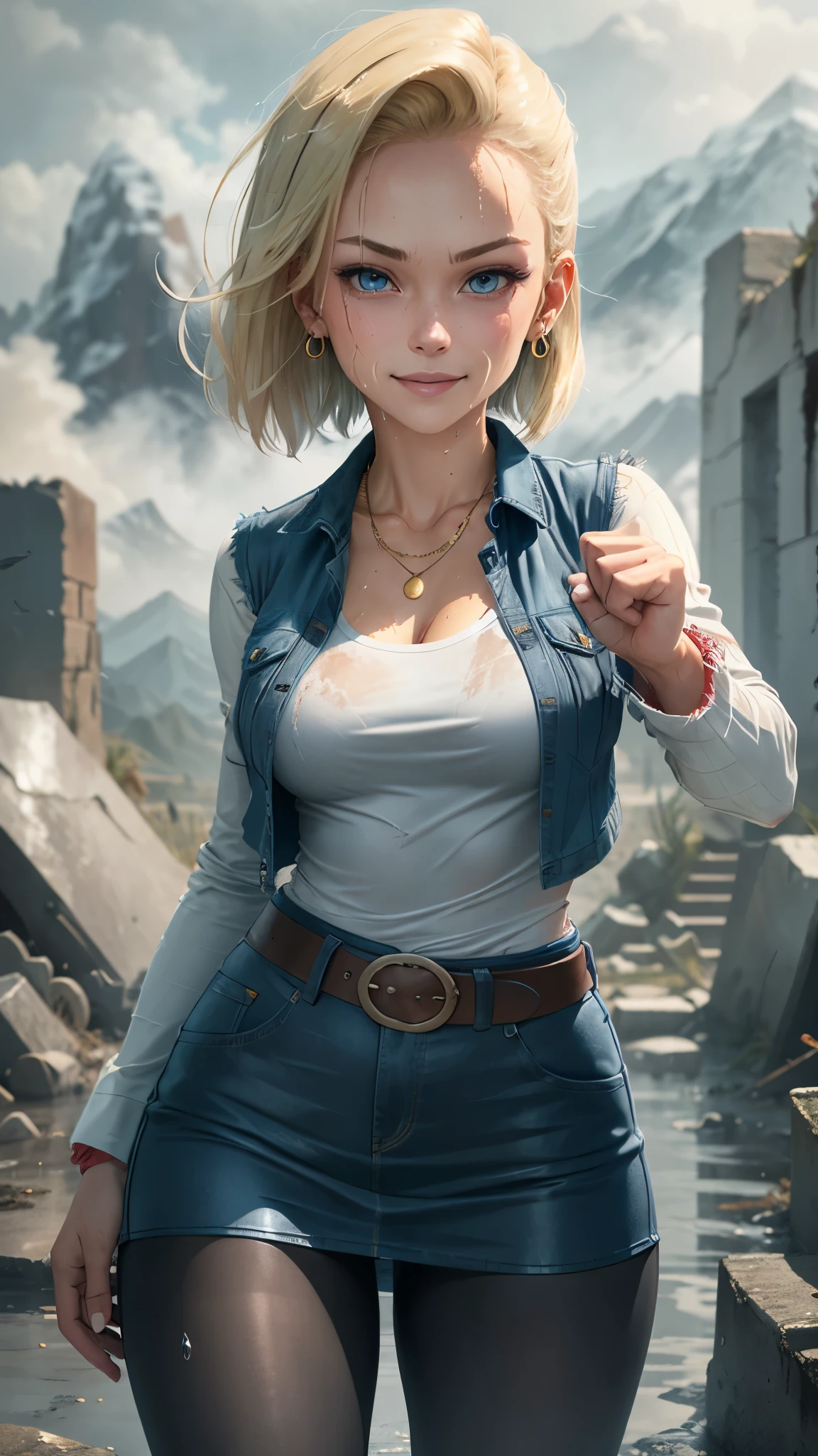 best quality, highres, and18, 1girl, android 18, solo, blonde hair, blue eyes, belt, tight blue demin skirt, gold_necklace, closed fists, black shirt, short hair, long sleeves, earrings, open vest, denim vest, medium breasts, cowboy shot, mountains, straight-on, (weather: raining and windy), wet clothes, fierce smile, combat stance, full length pantyhose, battle ruins, wide hips, thick legs, wet body, dirty clothes,