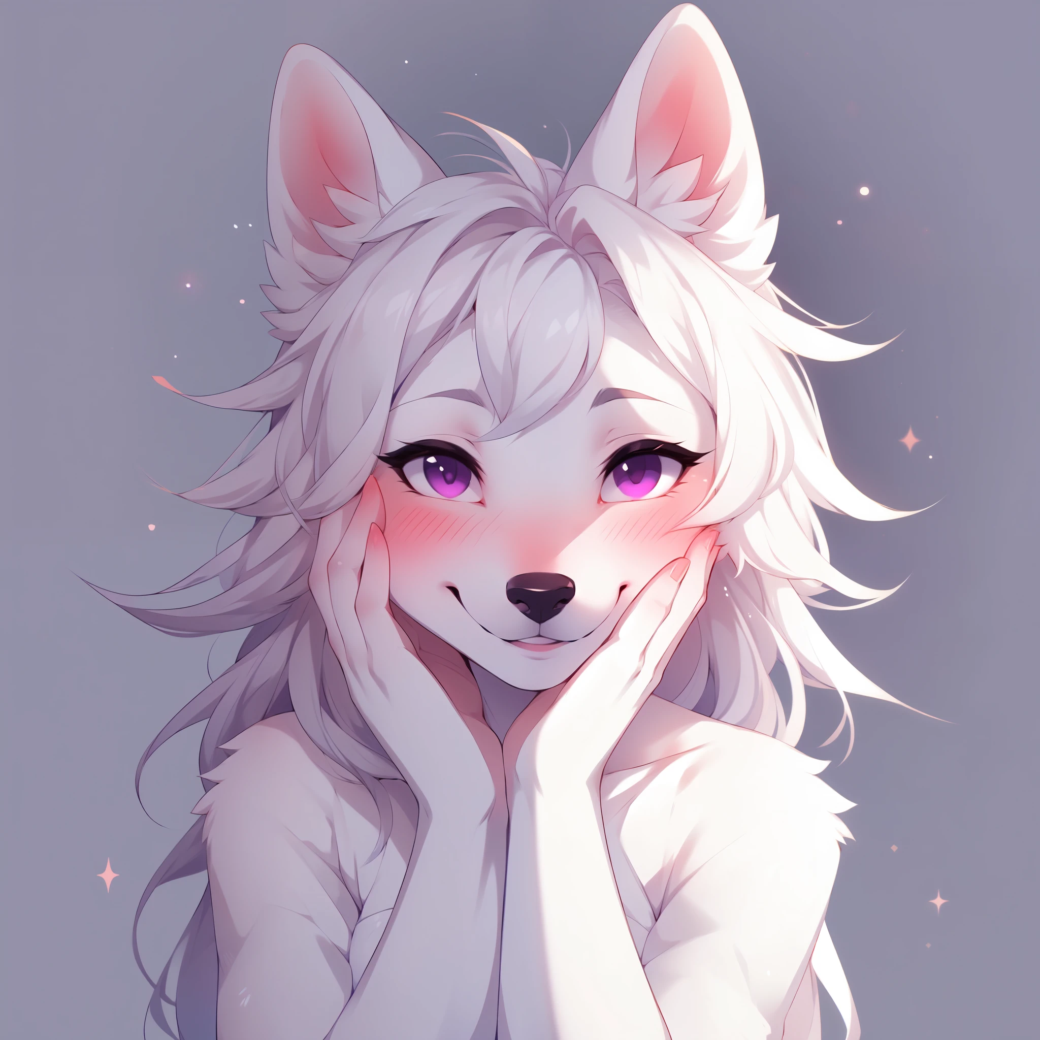 Solo, by fumiko, by hyattlen, by hioshiru,  an all white wolf girl, tall, mature, snout, white ears, purple eyes, black nose, portrait, blushing, her hands on her face, giggling, laughing, squinting, head tilted, coy smile, shy, no background