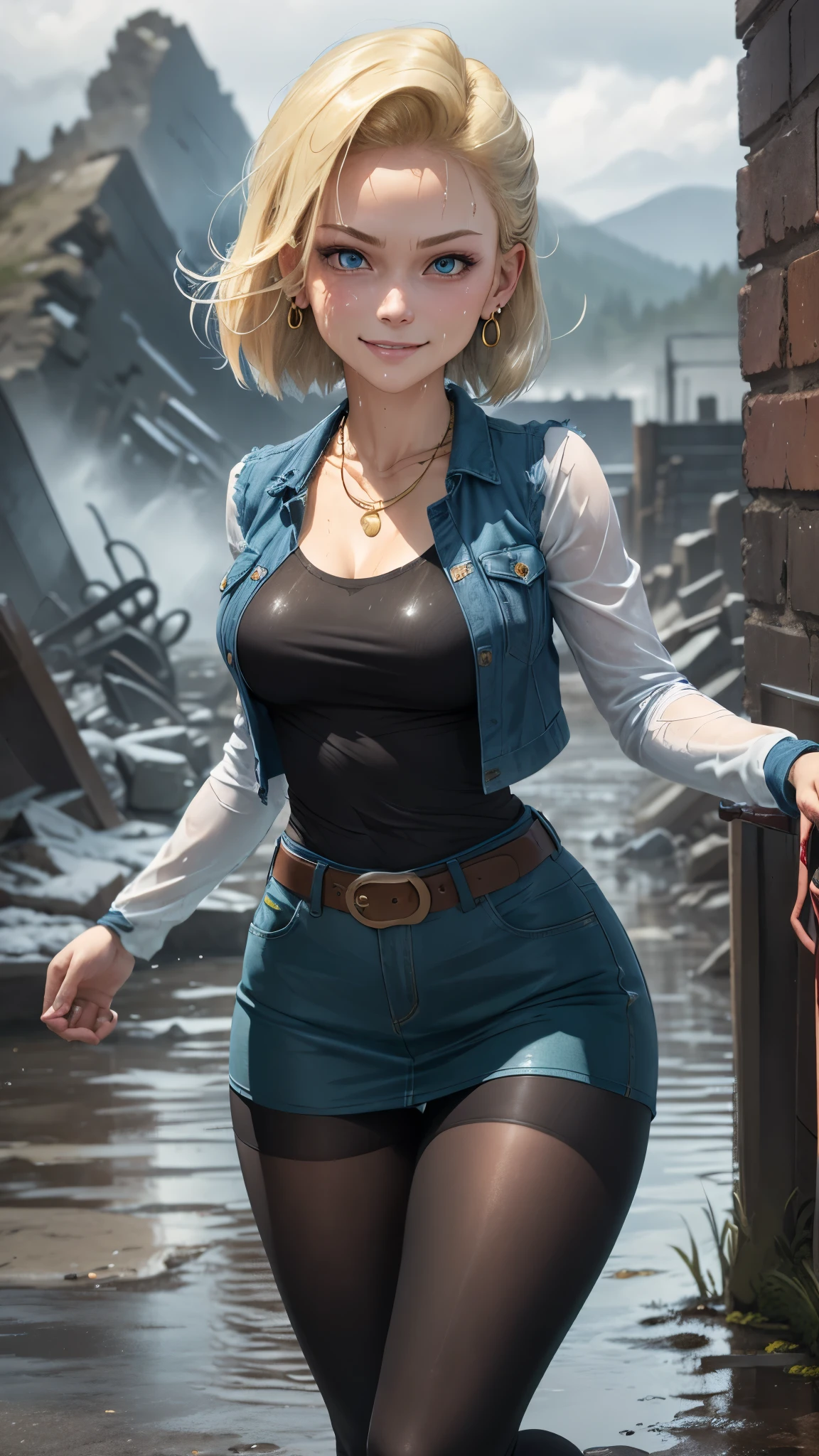 best quality, highres, and18, 1girl, android 18, solo, blonde hair, blue eyes, belt, tight blue demin skirt, gold_necklace, closed fists, black shirt, short hair, long sleeves, earrings, open vest, denim vest, medium breasts, cowboy shot, mountains, straight-on, (weather: raining and windy), wet clothes, fierce smile, combat stance, full length pantyhose, battle ruins, wide hips, thick legs, wet body, dirty clothes,