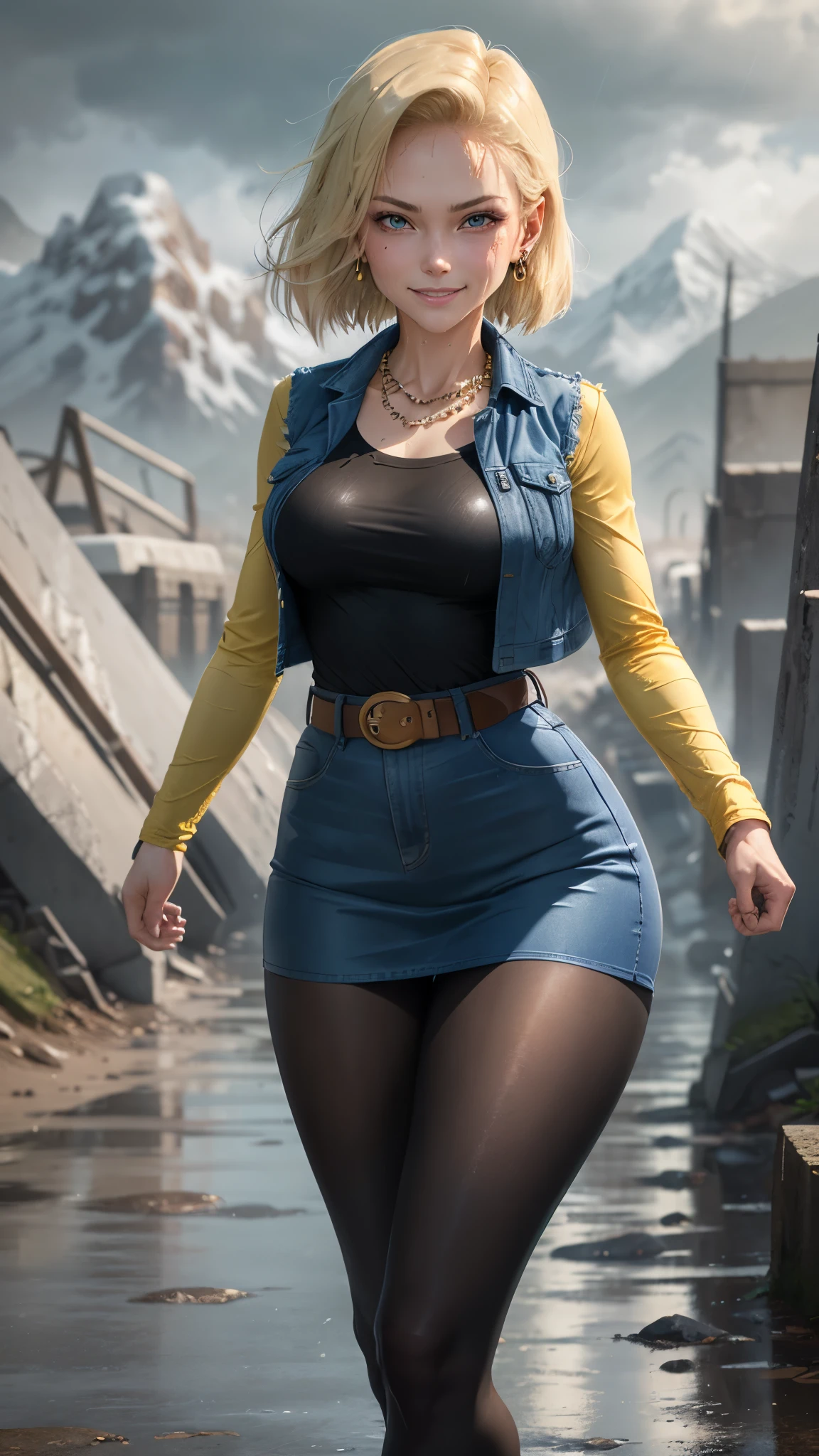 best quality, highres, and18, 1girl, android 18, solo, blonde hair, blue eyes, belt, tight blue demin skirt, gold_necklace, closed fists, black shirt, short hair, long sleeves, earrings, open vest, denim vest, medium breasts, cowboy shot, mountains, straight-on, (weather: raining and windy), wet clothes, fierce smile, combat stance, full length pantyhose, battle ruins, wide hips, thick legs, wet body, dirty clothes,