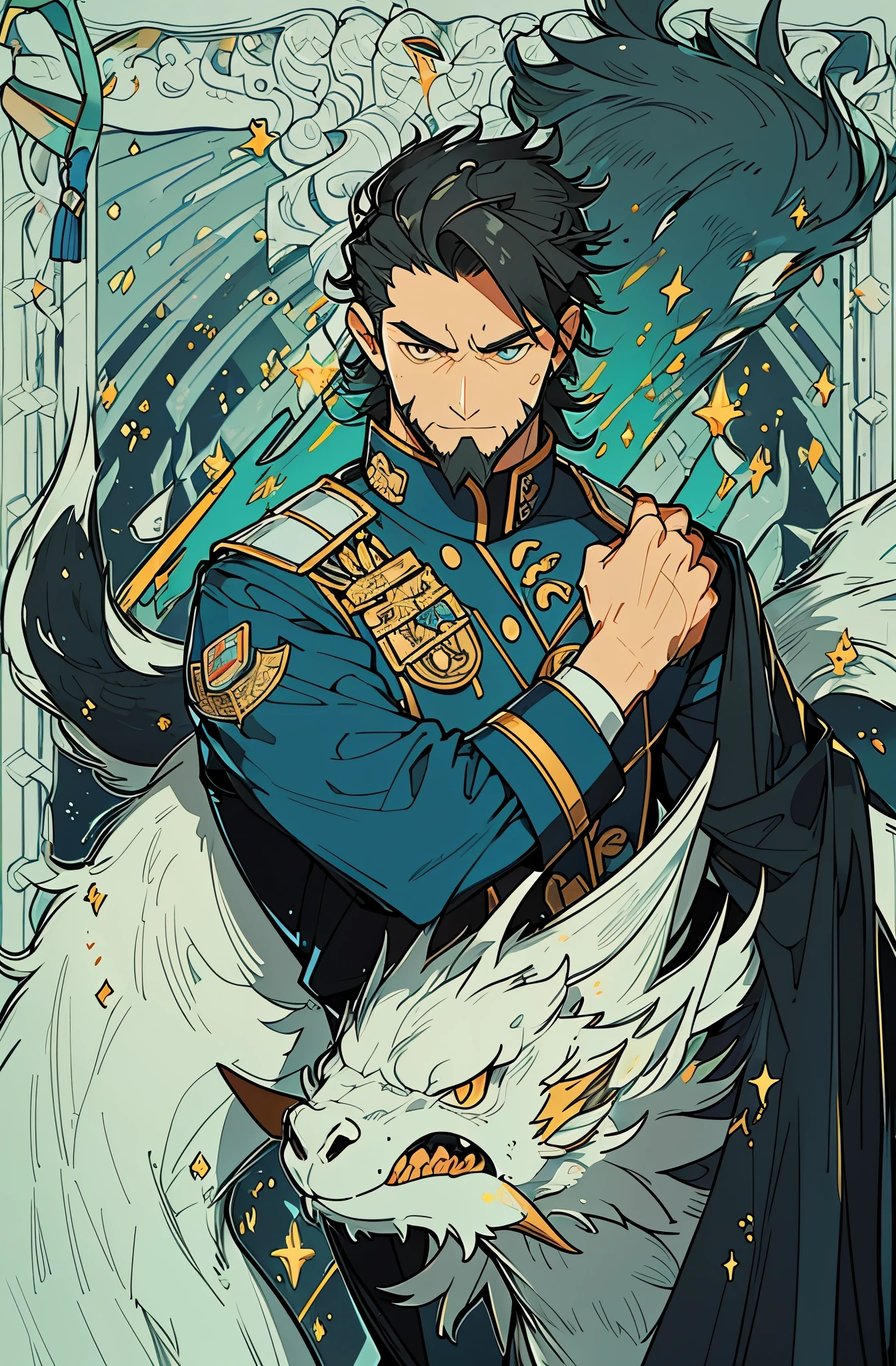 Ultra-detailed，high resolution，Ultra-detailed，Best quality，amazing，quality，intricate details，Extremely detailed CG unified 8k wallpaper，tarot cards，black hair，Draw a male character，40-year-old middle-aged male，Wearing black general uniform，There&#39;s a fire burning behind，Collapsed city background，Middle-aged uncle，Upper body close-up，There is a beard on the chin，He is a marshal wearing a black marshal uniform.