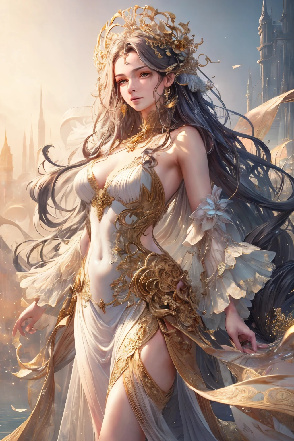 A beautiful woman with perfect features stands near perfection, her shapeless long hair cascading down in intricate waves, adorned in a Rococo style evening dress. The ethereal background radiates abstract beauty, with intricate details that align with the Golden Ratio. The minimalist design, though unfinished, showcases a concept art piece by Brian Froud, Carne Griffiths, and Wadim Kashin. The high-resolution image, rendered in 8k post-production, exhibits every detail with pinpoint sharp focus and superb intricacy. Studio photos reveal the perfect form of the woman, with her skin displaying intricate textures that seem to shimmer under the